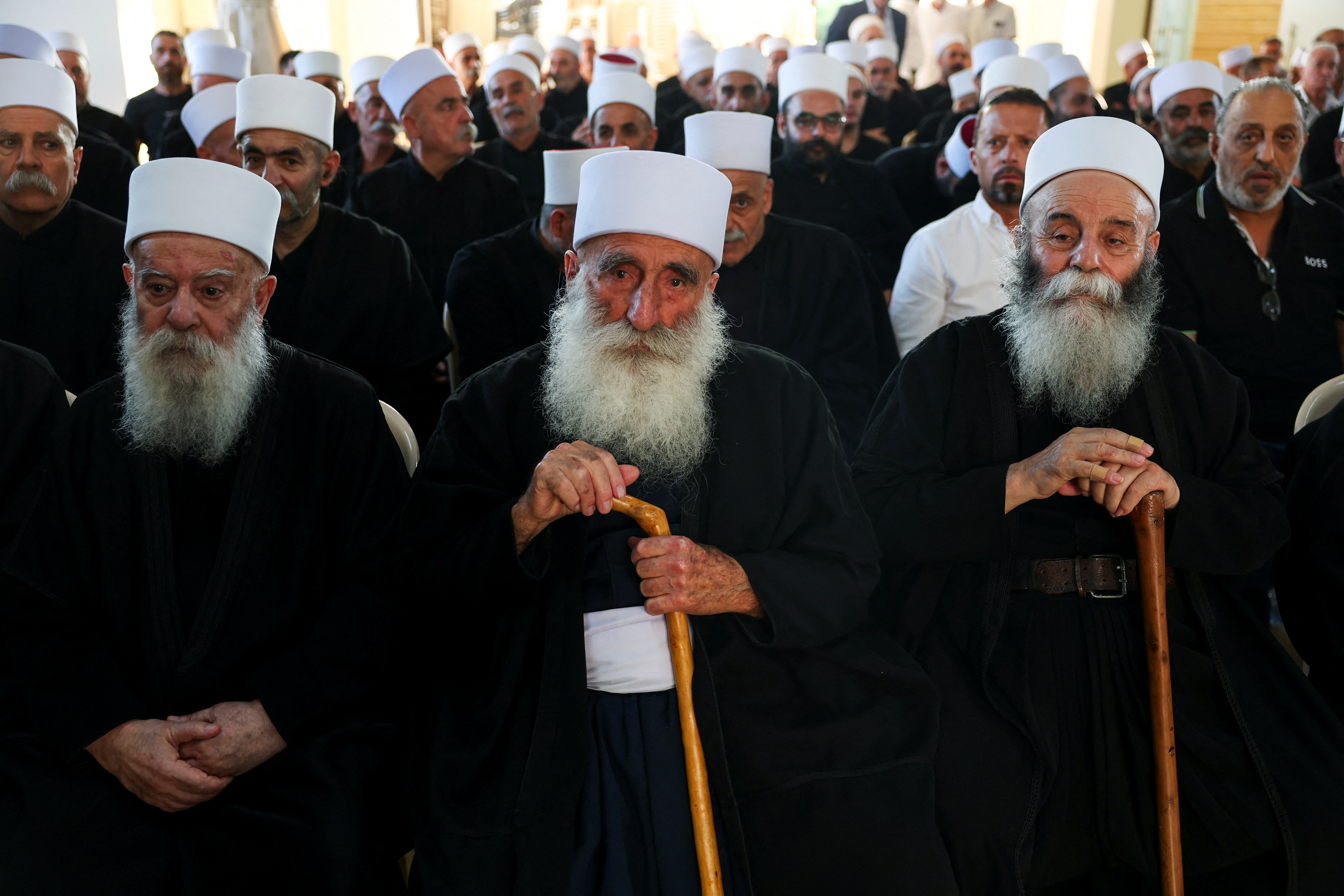 Druze sheikhs pay condolences for members of al-Quntar family who died in Syria’s predominantly Druze city of Sweida, according to the relatives, in Al-Mtein, Lebanon July 23, 2025. (Reuters/File)
