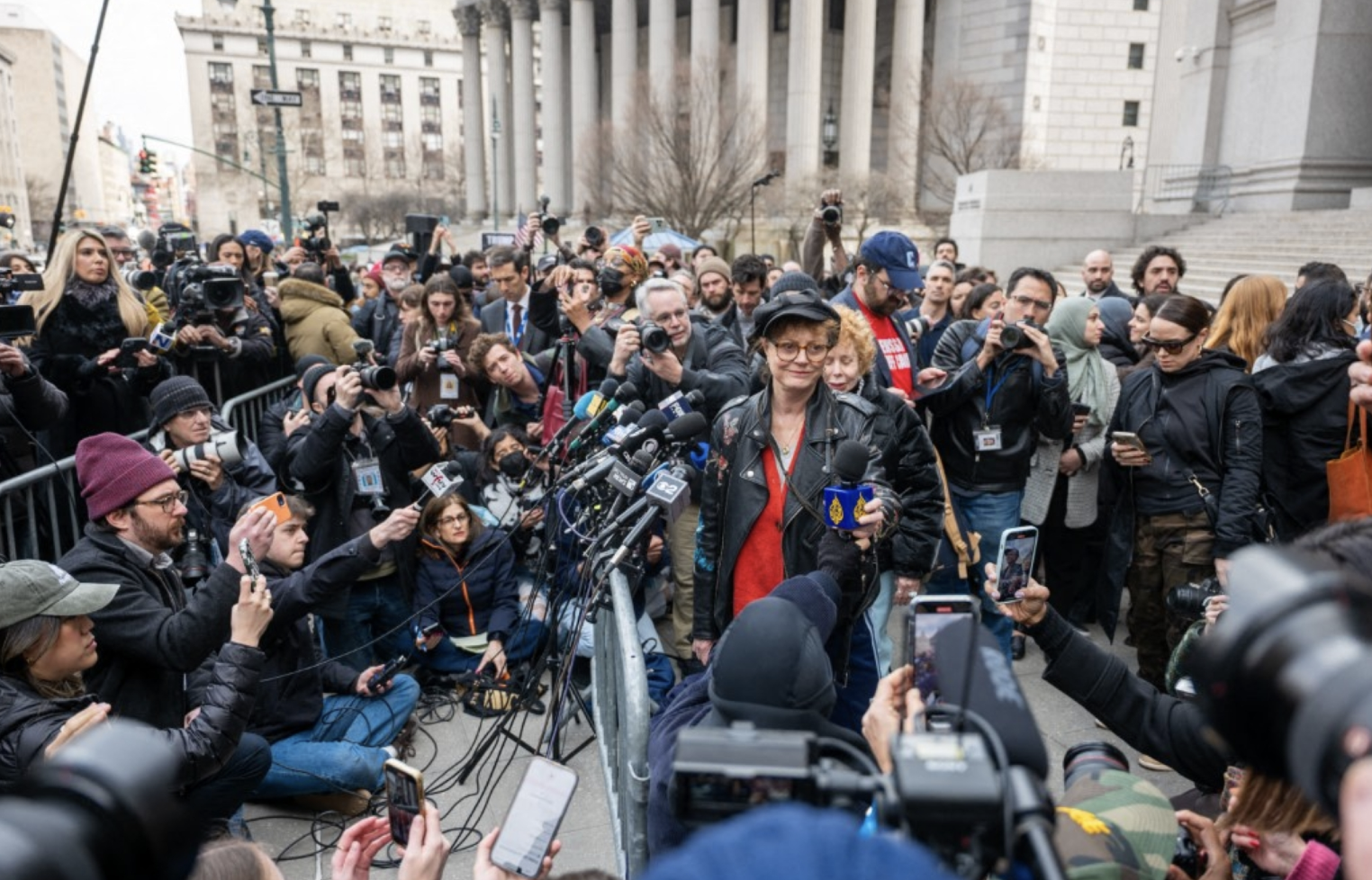 Actress Susan Sarandon joins protesters outside of a New York court to protest the arrest and detention of Mahmoud Khalil, a Columbia graduate who played a role in pro-Palestinian protests there on 12 March 2025, in New York. (AFP/File Photo)