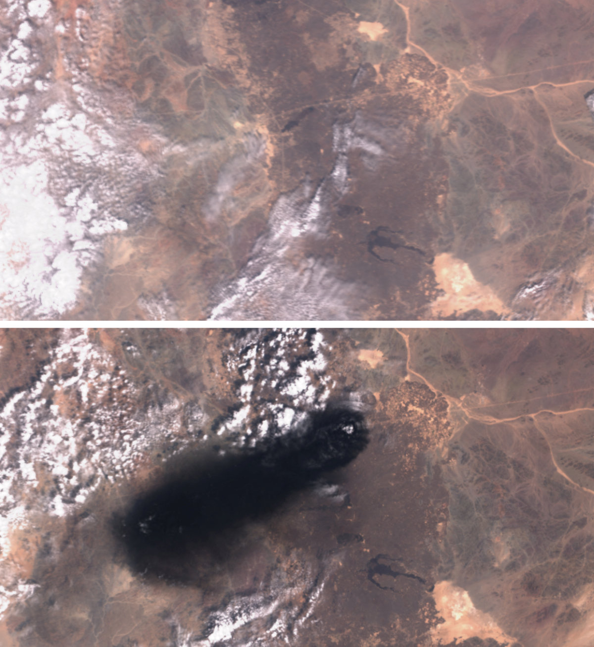 Satellite images from the EU’s Copernicus Sentinel show Saudi Arabia’s East-West pipeline on Sept. 9 before a drone attack (top), and smoke rising after the strike on Sept. 10, 2026 (bottom). (Handout via REUTERS/AFP)