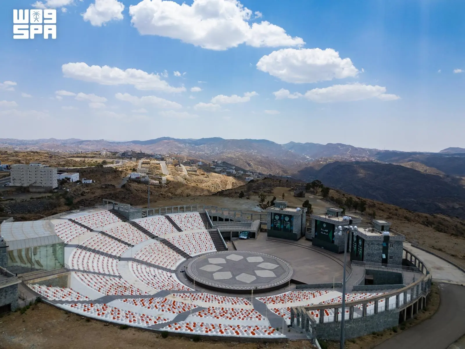 An aerial view shows Marawah Theater integrated into Al-Baha’s mountainous landscape. (SPA)
