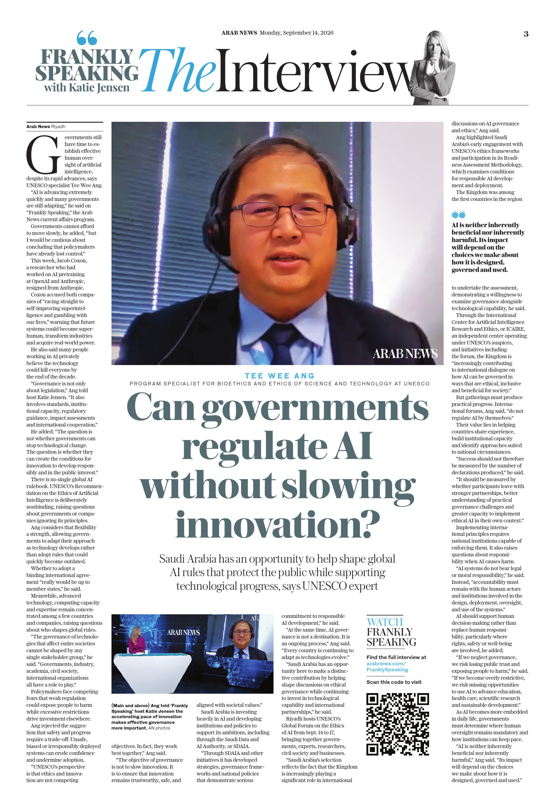 In an interview with Arab News, UNESCO expert Tee Wee Ang discusses the challenges and opportunities for governments, particularly Saudi Arabia, in regulating artificial intelligence while fostering innovation and ensuring public safety.