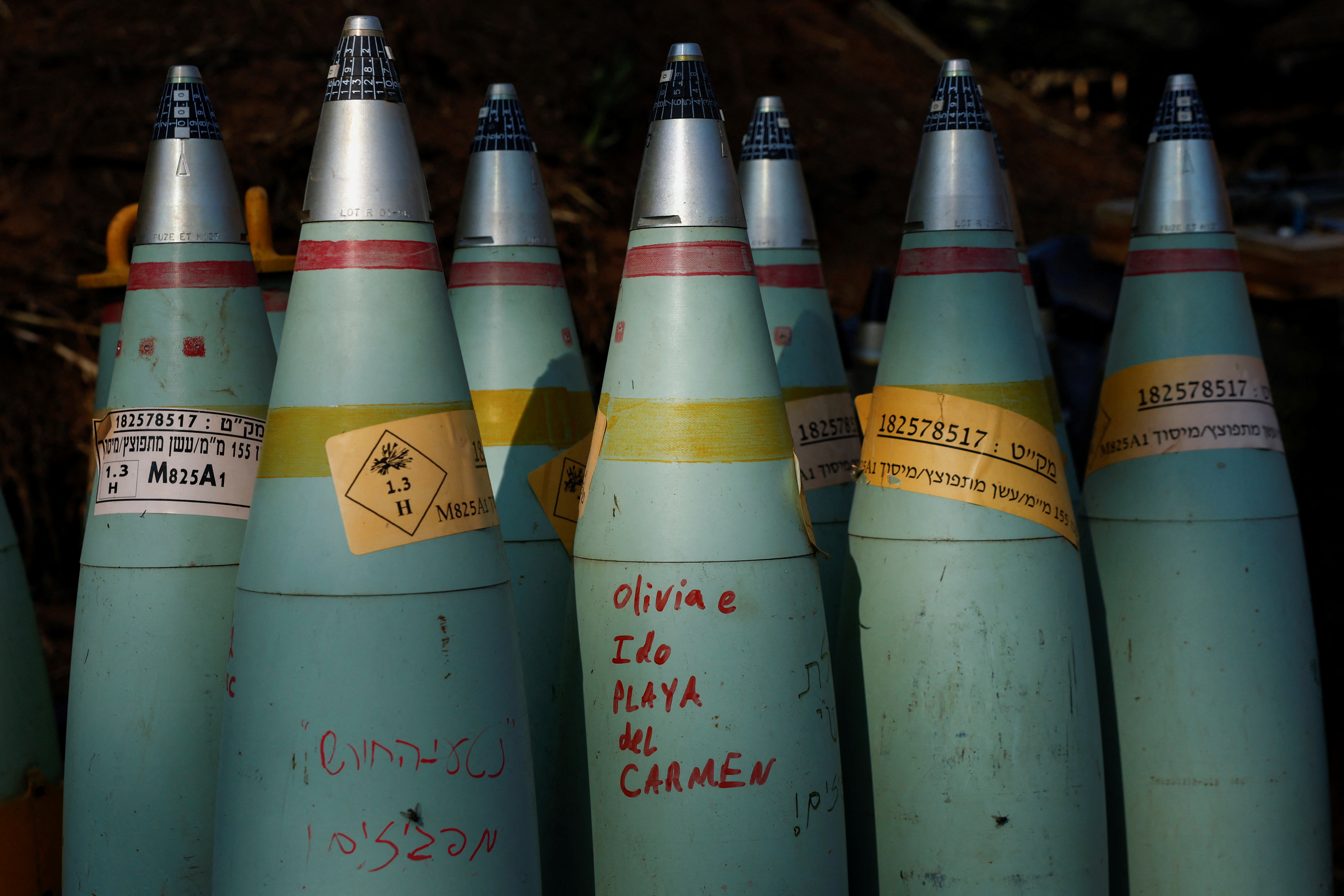 Artillery shells with writings on it stand at an Israeli position, amid the ongoing conflict between Israel and the Palestinian group Hamas, in Northern Israel, November 15, 2023. REUTERS/File