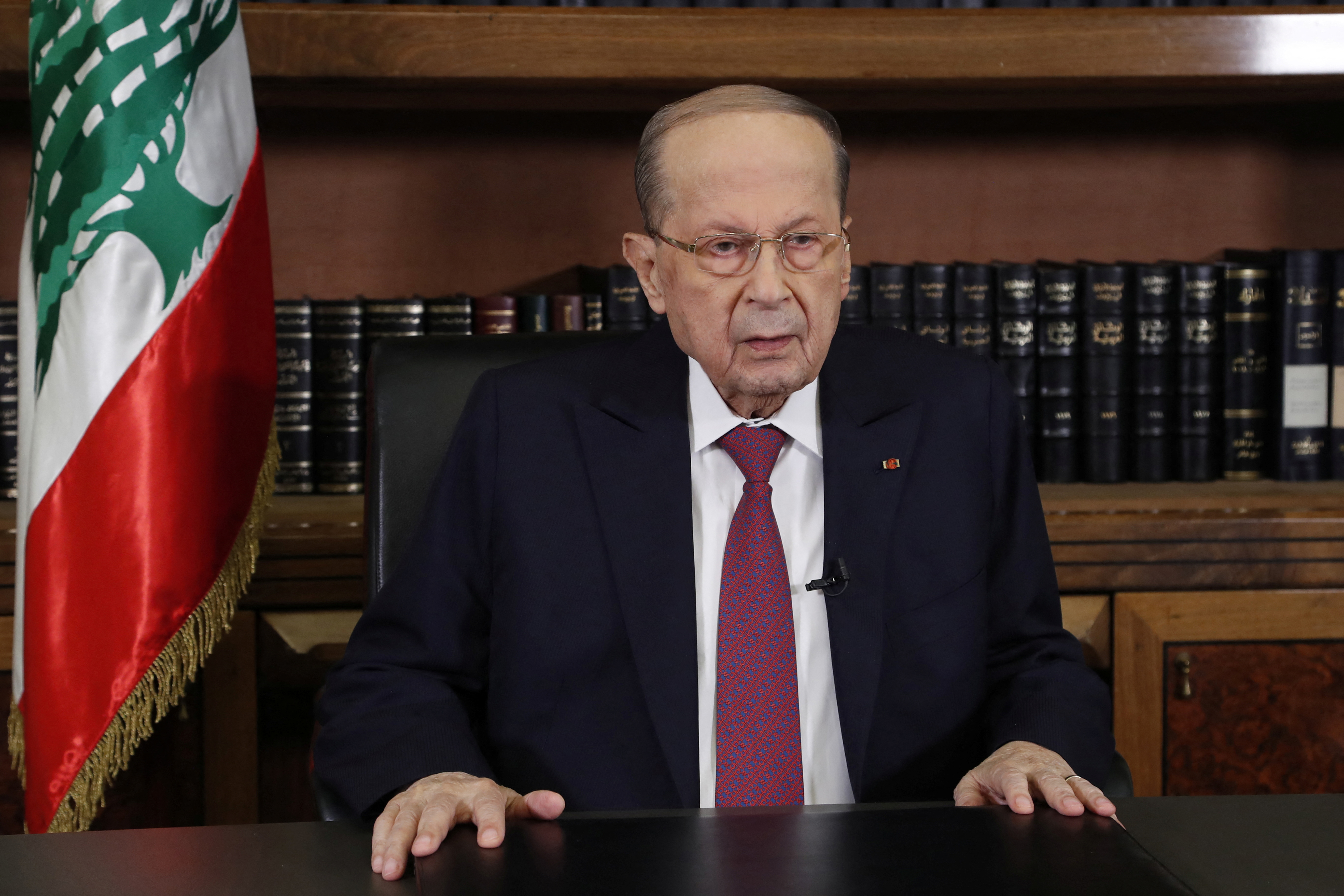 Lebanon's President Michel Aoun is pictured as he delivers a televised speech at the presidential palace in Baabda, Lebanon December 27, 2021. (Dalati Nohra/Handout via REUTERS)