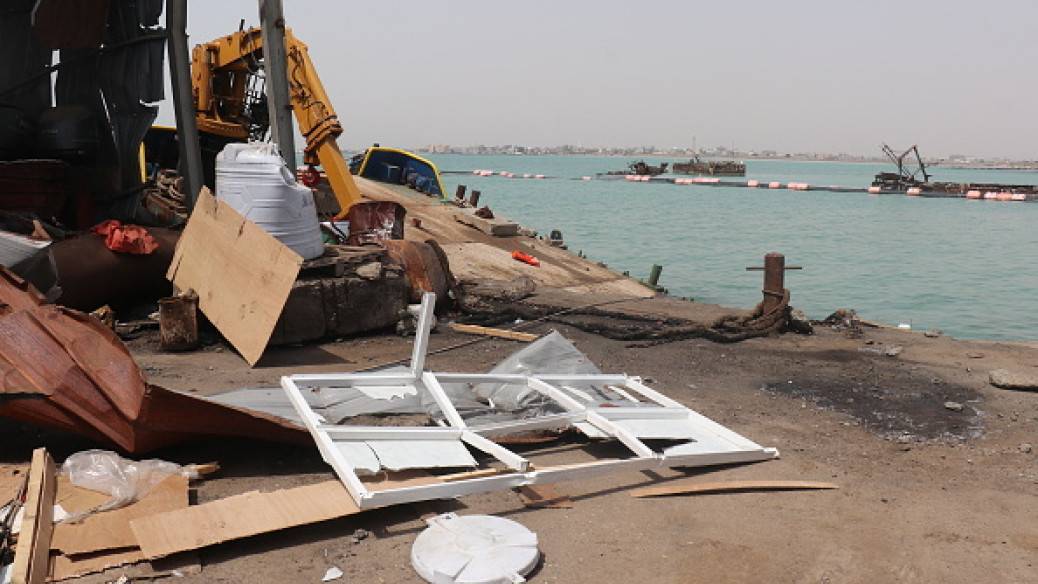 Destruction in Mokha after being attacked by the Houthis. (Getty Images)