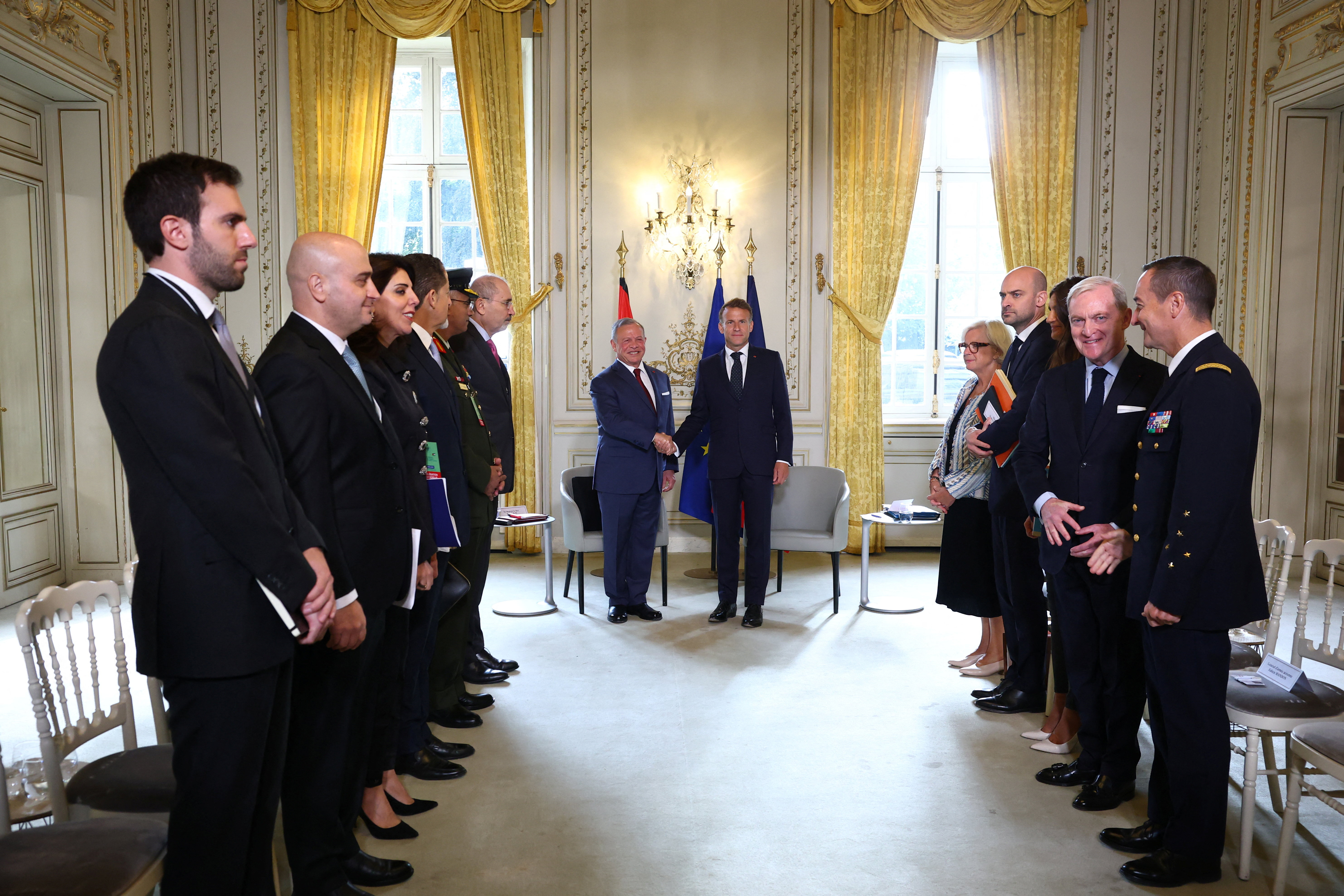French President Emmanuel Macron and Jordan's King Abdullah II attend a bilateral meeting ahead of the opening of the "Aqaba Process" meeting in support of the Lebanese Armed Forces (LAF) at the Hotel des Invalides in Paris, France, September 17, 2026. REUTERS/Gonzalo Fuentes/Pool