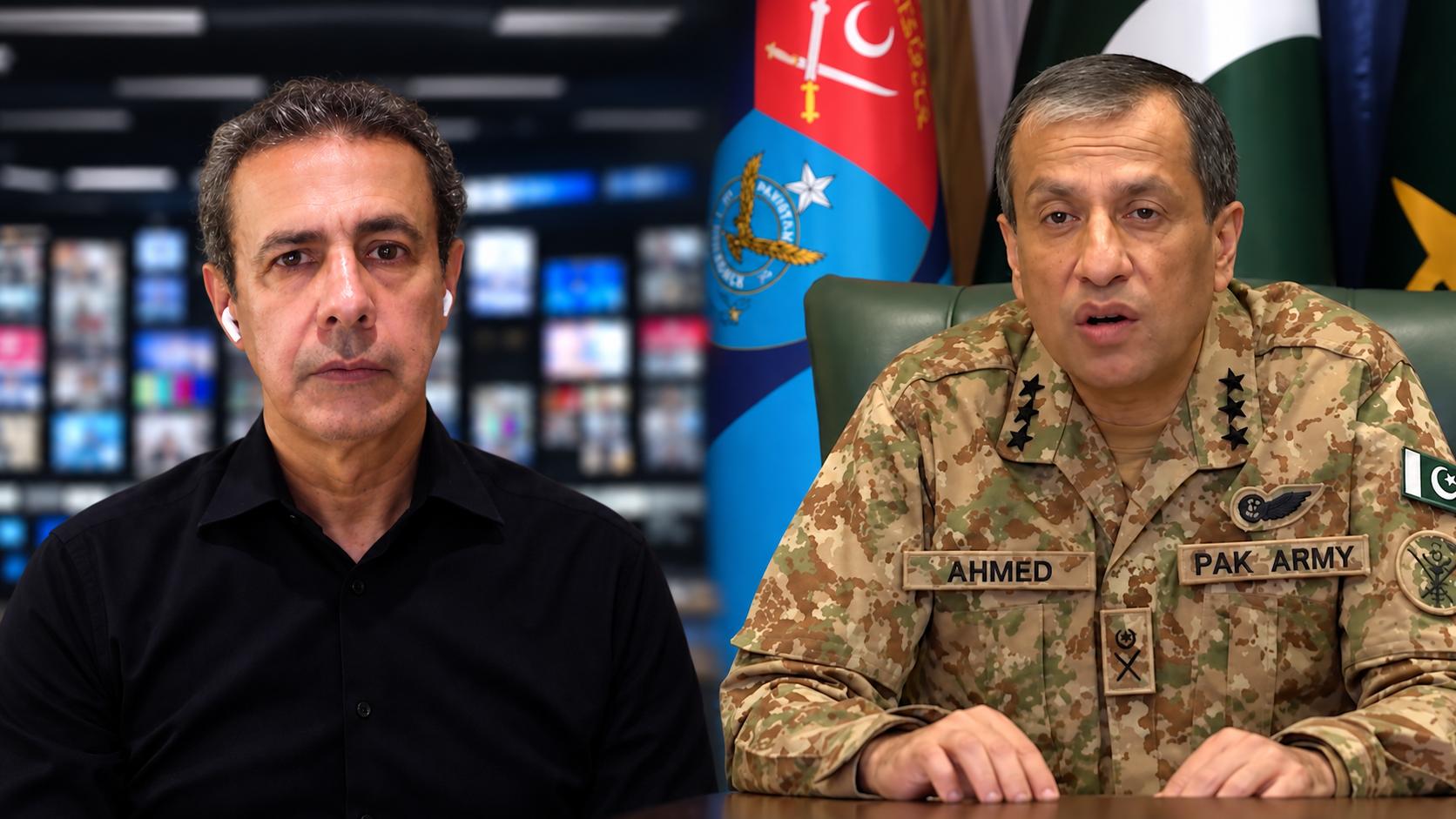Arab News Asia Bureau Chief Baker Atyani during the interview with Lt. Gen. Ahmed Sharif Chaudhry, Director General of the Inter-Services Public Relations (DG ISPR), Pakistan Army. (AN photo)