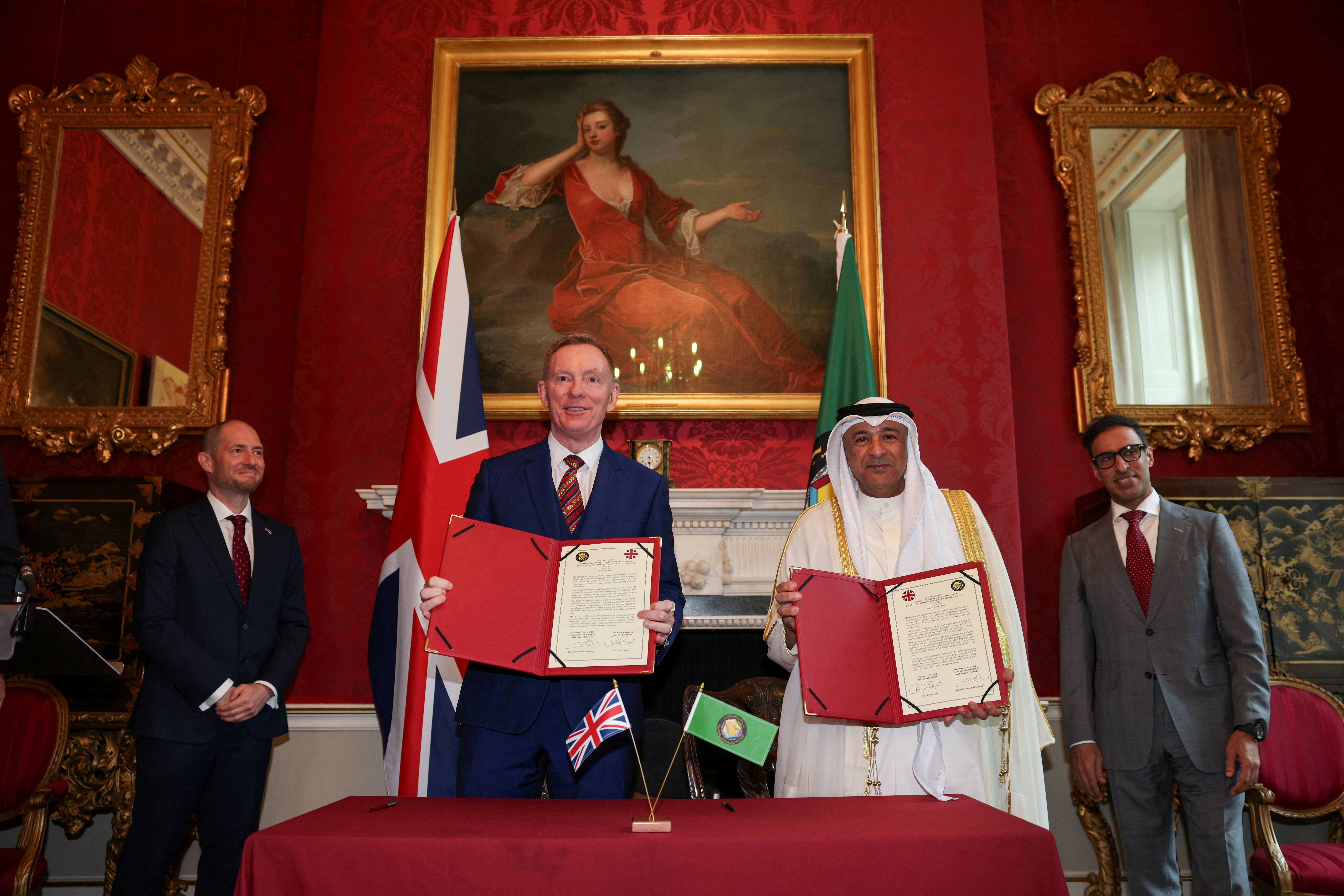 Britain’s Minister of State for Trade Chris Bryant and Jasem Mohamed Albudaiwi, secretary general of the Gulf Cooperation Council, attend a signing ceremony at Downing Street in London on May 20, 2026. (Pool via REUTERS)