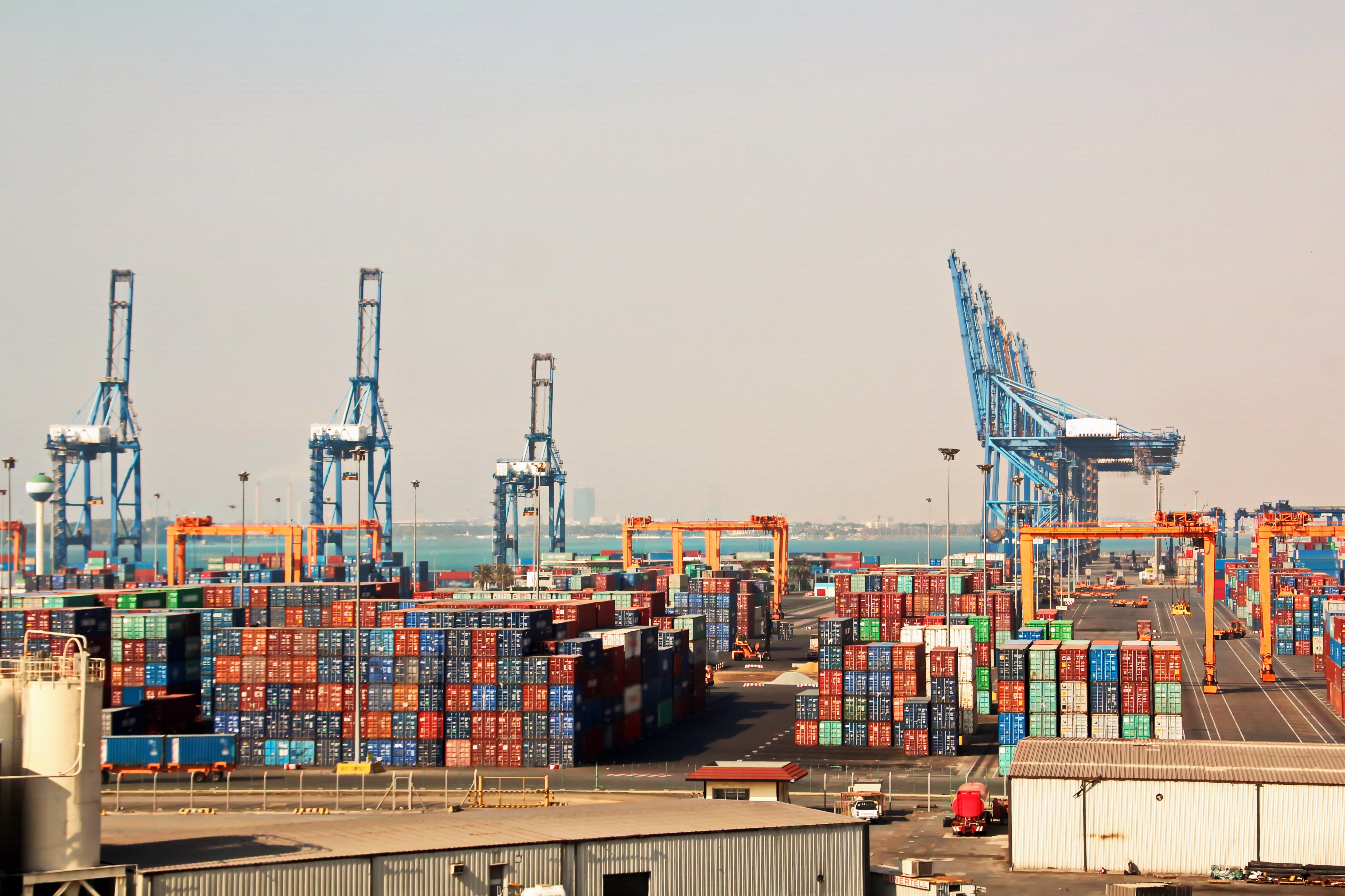 Cargo terminal for transshipment of grain, containers and other cargoes. Jeddah Port, Saudi Arabia. December 2018. (Shutterstock)