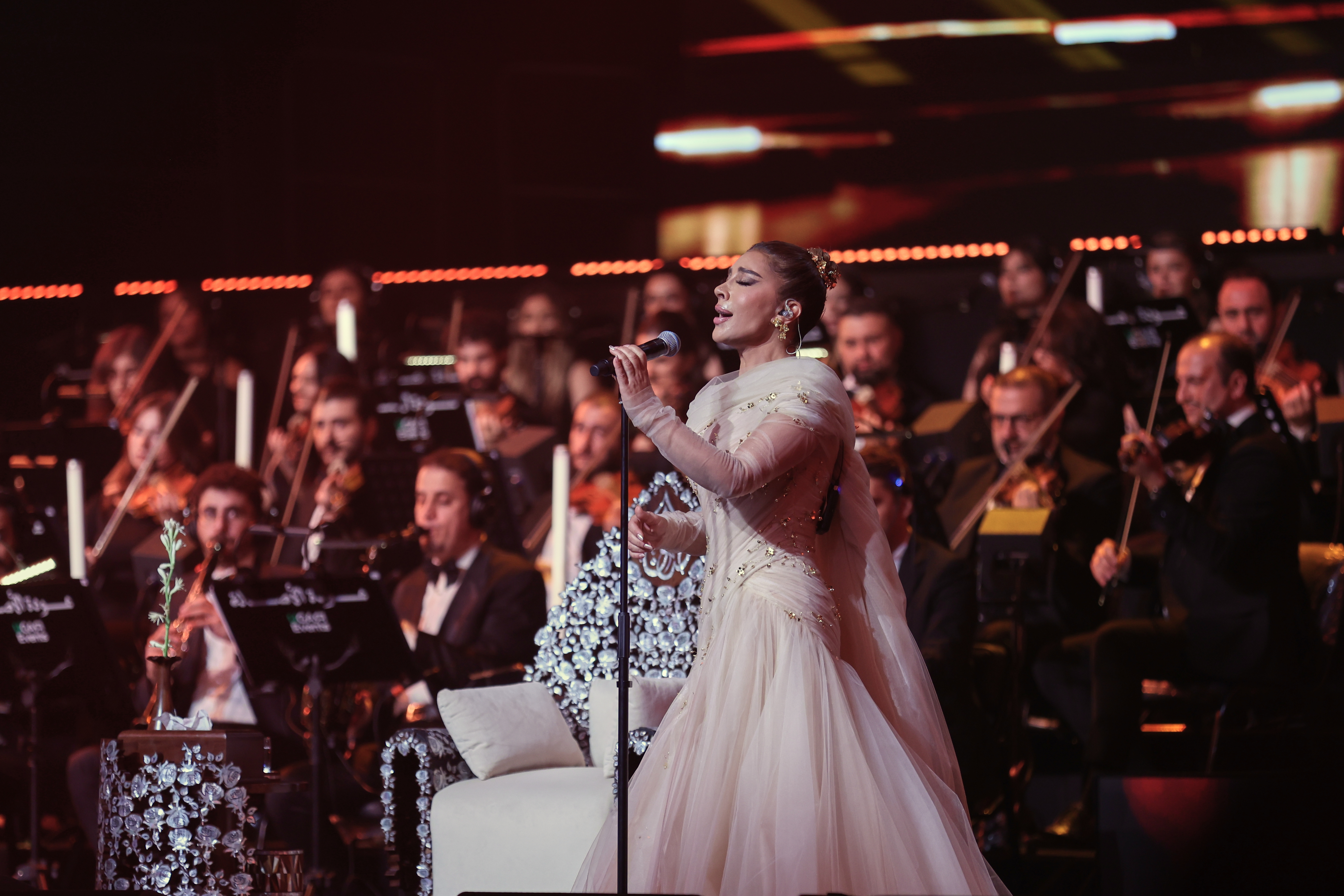 Syrian singer Assala Nasri performs during a concert at Al-Fayhaa Sports Hall in Damascus, Syria on Thursday. (AP)