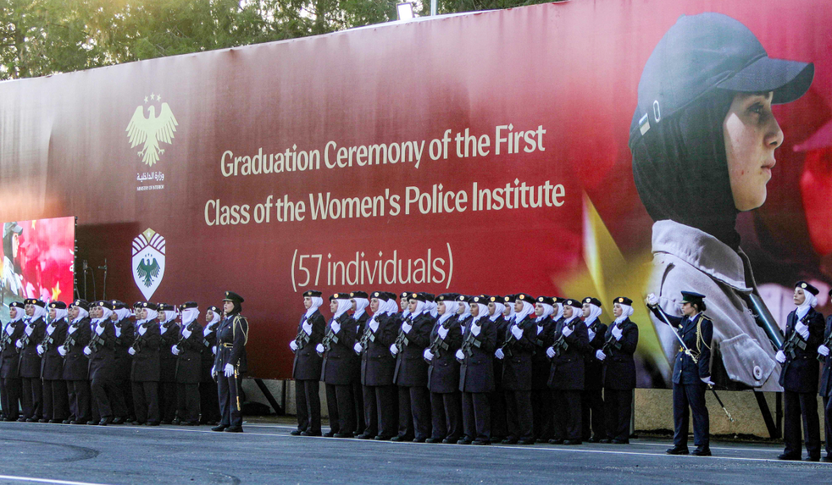 New female cadets from the new women's police academy attend the first cohort graduation ceremony after completing a six-month training program, in Al-Tal on the northern outskirts of Damascus on September 22, 2026. (AFP)