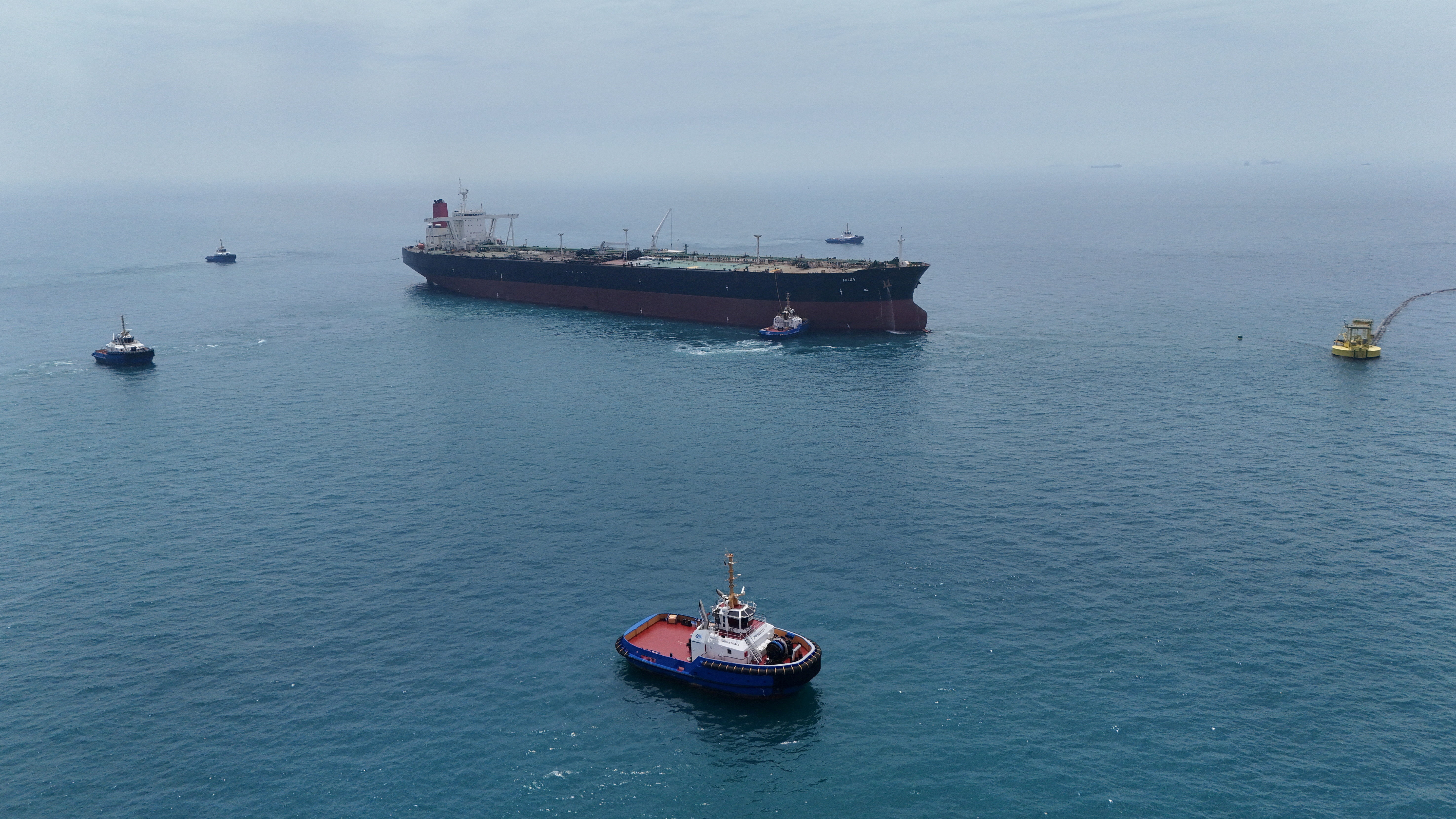 Drone view of oil tanker HELGA berthed at one of Iraq’s southern offshore oil terminals near Basra as it prepares to load crude oil, becoming the second vessel to arrive since the closure of the Strait of Hormuz, April 24, 2026. Reuters file