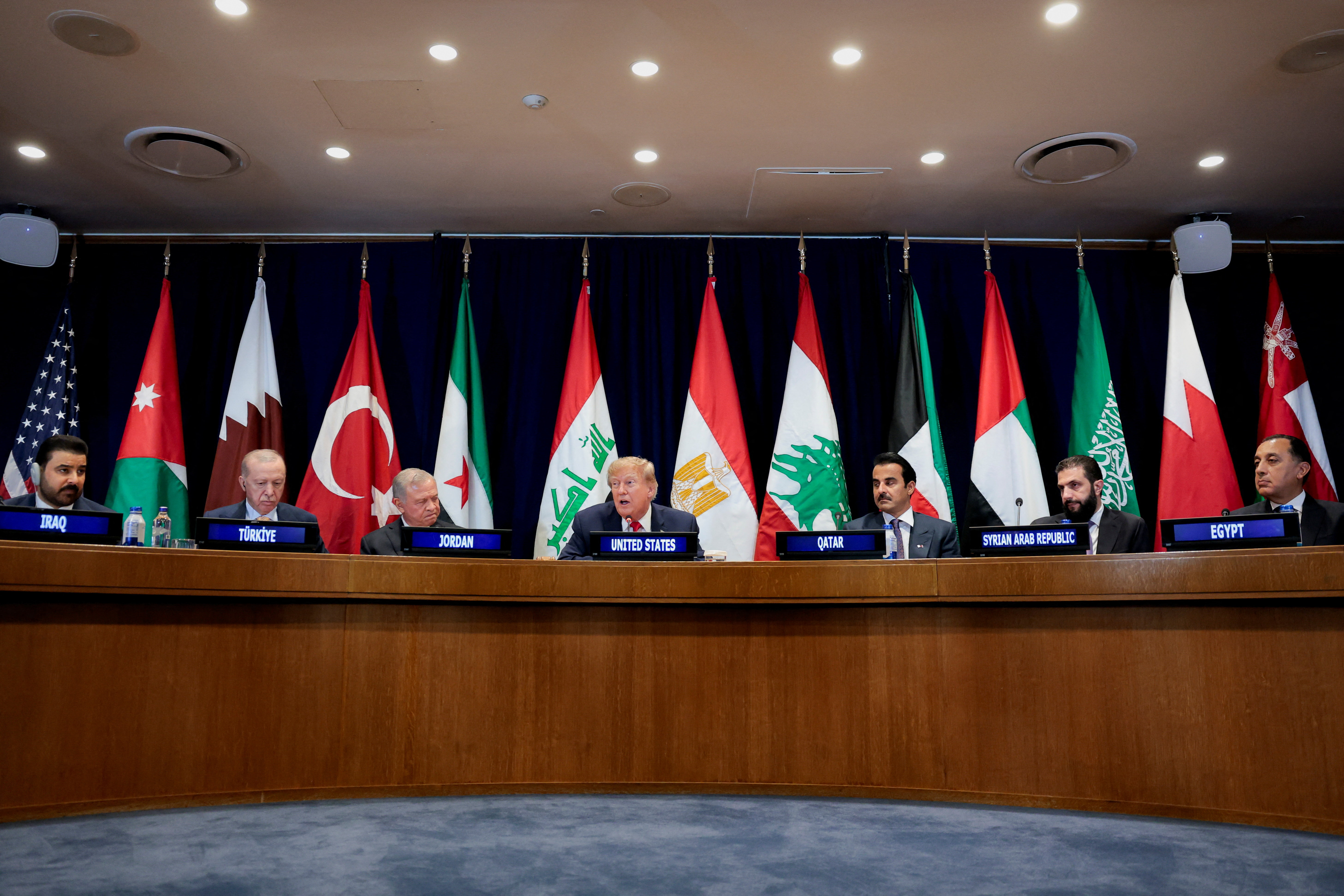 US President Donald Trump, flanked by Iraqi Prime Minister Ali al-Zaidi, Turkish President Recep Erdogan, Jordan’s King Abdullah II, Qatar’s Emir Sheikh Tamim bin Hamad Al Thani, Syria’s President Ahmed al-Sharaa and Egypt’s Prime Minister Mostafa Kamal Madbouly. Reuters file