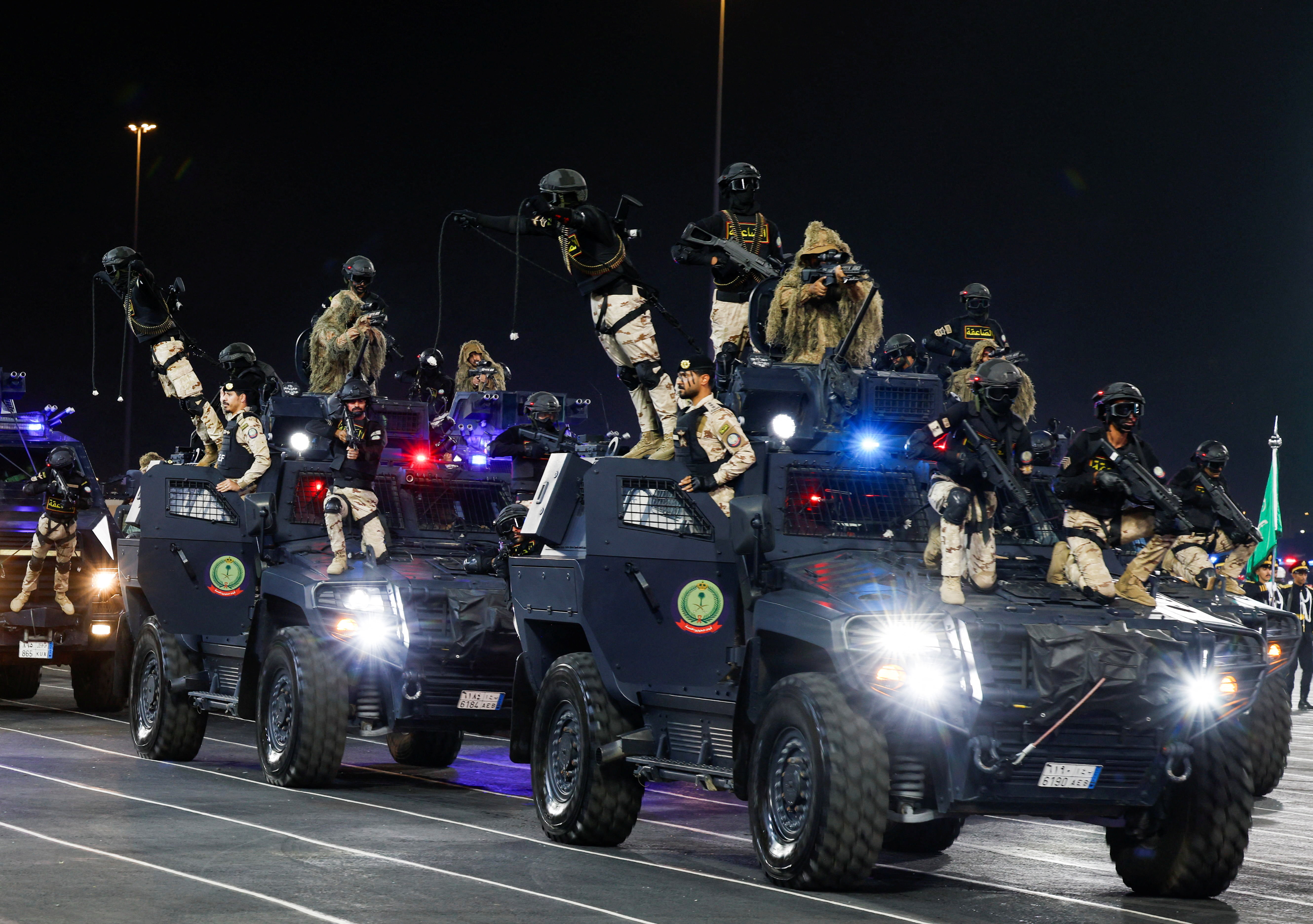 Members of the Saudi security forces take part in a military parade in preparation for the annual Hajj pilgrimage in the holy city of Makkah on May 21, 2026.