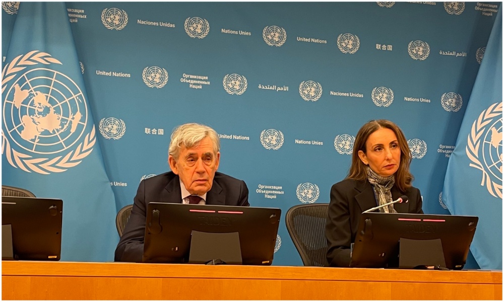 Gordon Brown (L), the UN special envoy for global education, and Maysa Jalbout (R), the head of ECW, discuss education in poor and conflict-stricken countries at UN headquarters. (AN Photo / Mustafa Abu Sneineh)