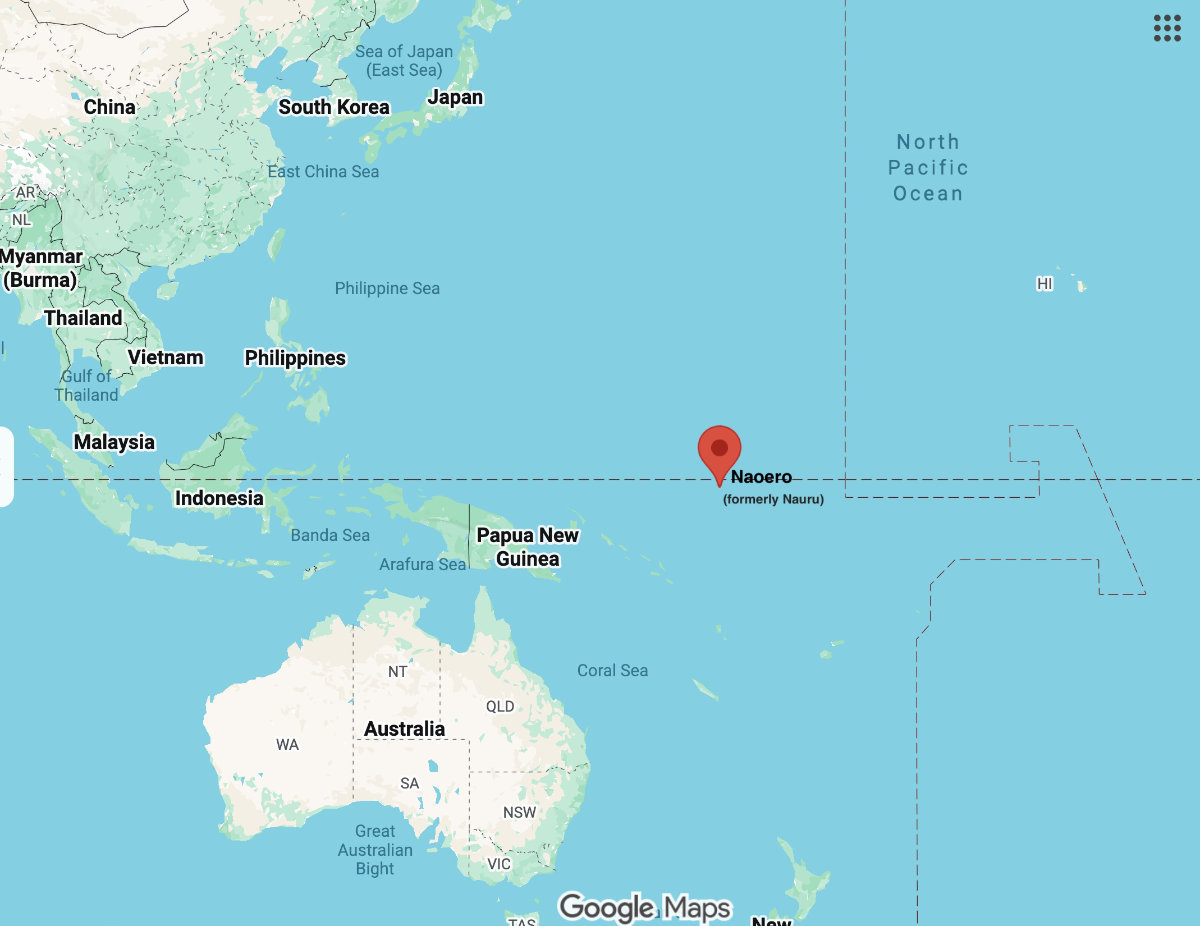Google map showing the location of Naoero, formerly Nauru, in the South Pacific.