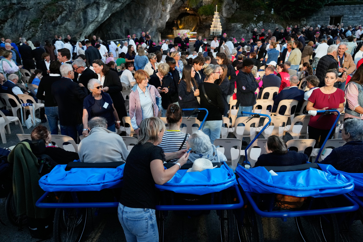 Faithful wait for Pope Leo XIV, in Lourdes, France, on Sept. 26, 2026. (AP)
