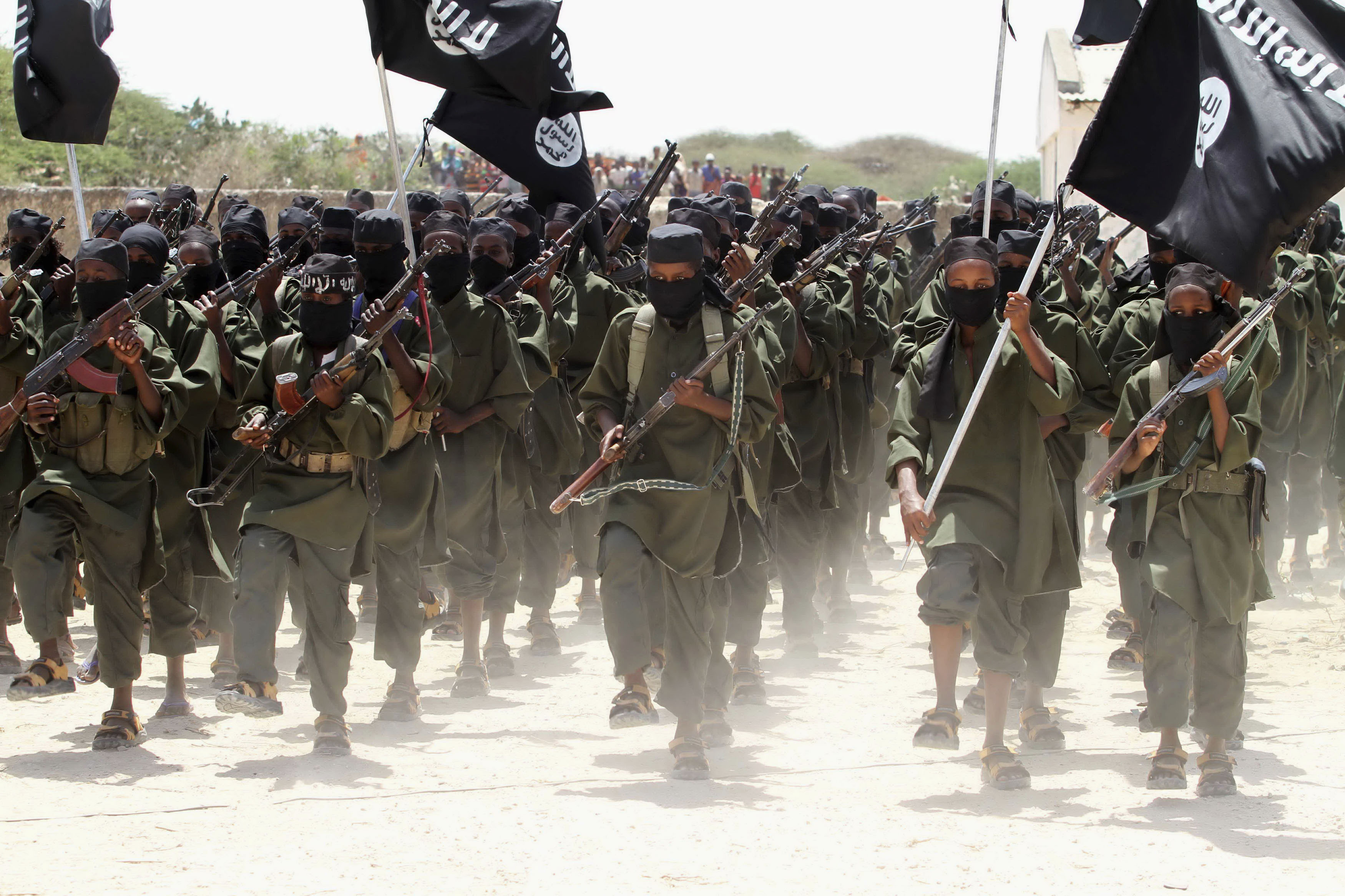 Al-Shabab militants at a training base in Afgoye, west of the capital Mogadishu. A UN panel reported that that Houthi military engineers had traveled to Jilib, an Al-Shabab stronghold in southern Somalia. (Reuters file)