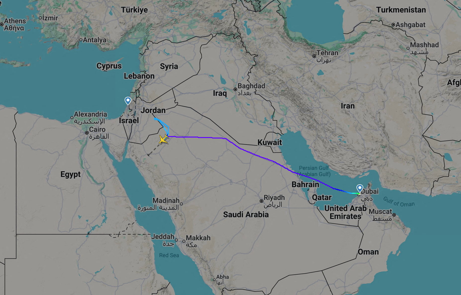 A screengrab taken from Flightradar24 shows a FlyDubai flight to Israel which was diverted to Saudi Arabia on Wednesday. (Flightradar24.com/Handout via Reuters)