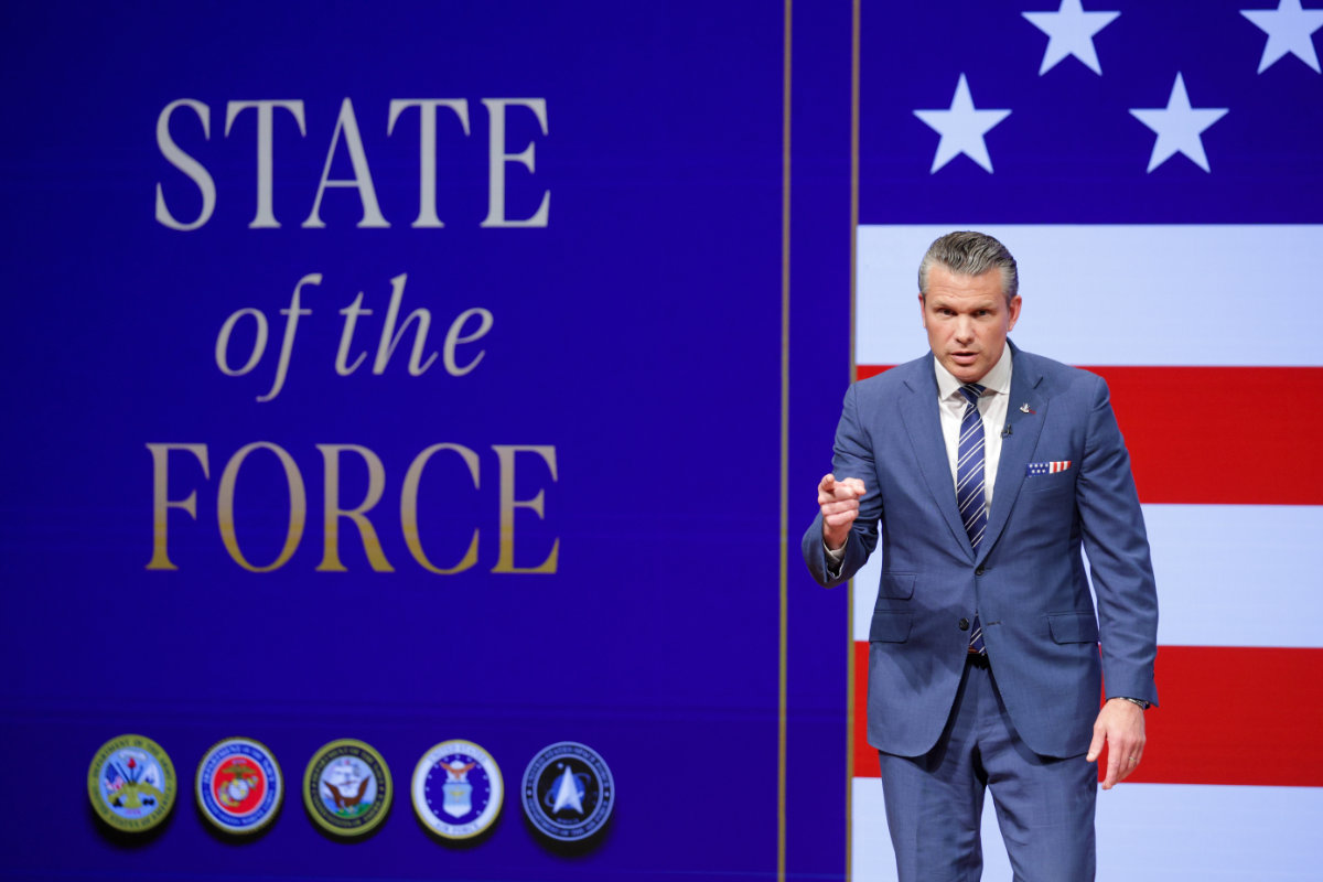 Secretary of Defense Pete Hegseth gives a State of the Force address at Marine Corps Base Quantico on Sept. 30, 2026 in Quantico, Virginia. (Alex Wong/Pool Photo via AP)