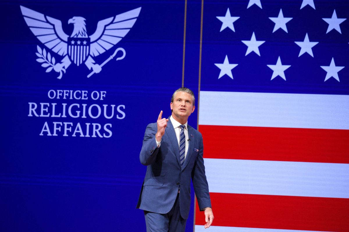 Defense Secretary Pete Hegseth announces a new Office of Religious Affairs during his State of the Force address at Marine Corps Base Quantico on September 30, 2026 in Quantico, Virginia. (Getty Images via AFP))