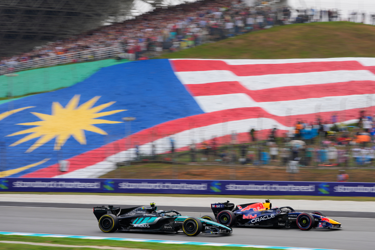 Red Bull driver Max Verstappen of the Netherlands and Mercedes driver Andrea Kimi Antonelli of Italy compete in the Bahrain Grand Prix in Sepang, Malaysia, on Oct. 4, 2026. (AP)