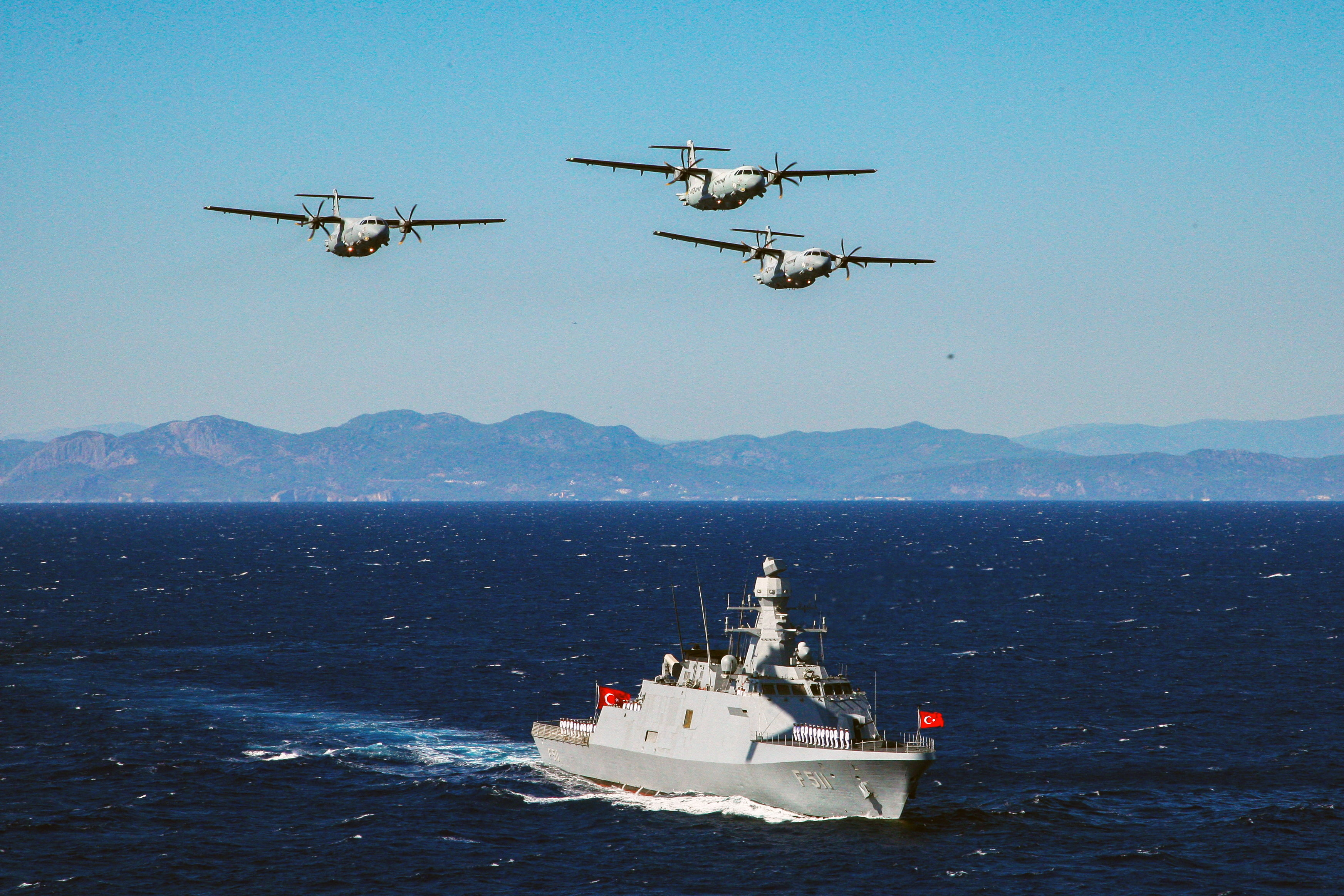 A Turkish Navy frigate and naval planes take part in the Denizkurdu I/2026 military exercise in the southeastern Aegean Sea, Sept. 24, 2026. (Reuters)