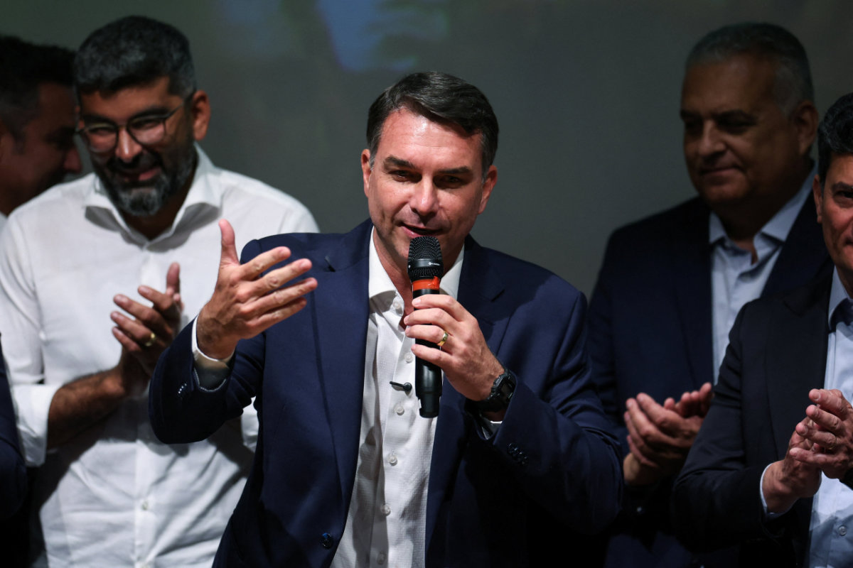 Brazilian presidential candidate Flavio Bolsonaro of the Liberal Party speaks at a meeting with elected governors, ahead of the runoff election, in Brasilia, October 8, 2026. (REUTERS)