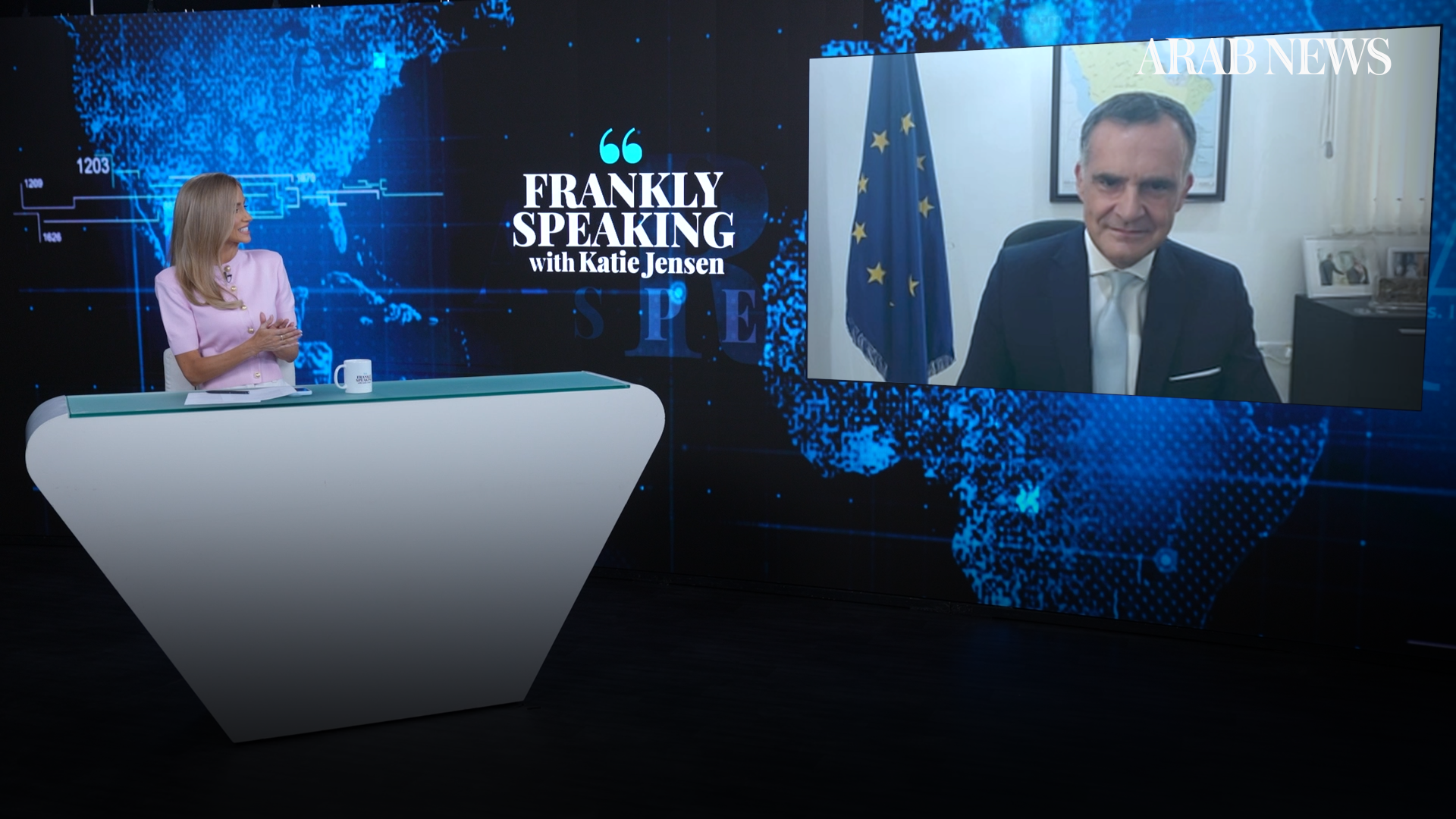 Farnaud told host Katie Jensen, left, the EU accounts for about a third of Kingdom’s inward foreign direct investment stock. (AN photo)
