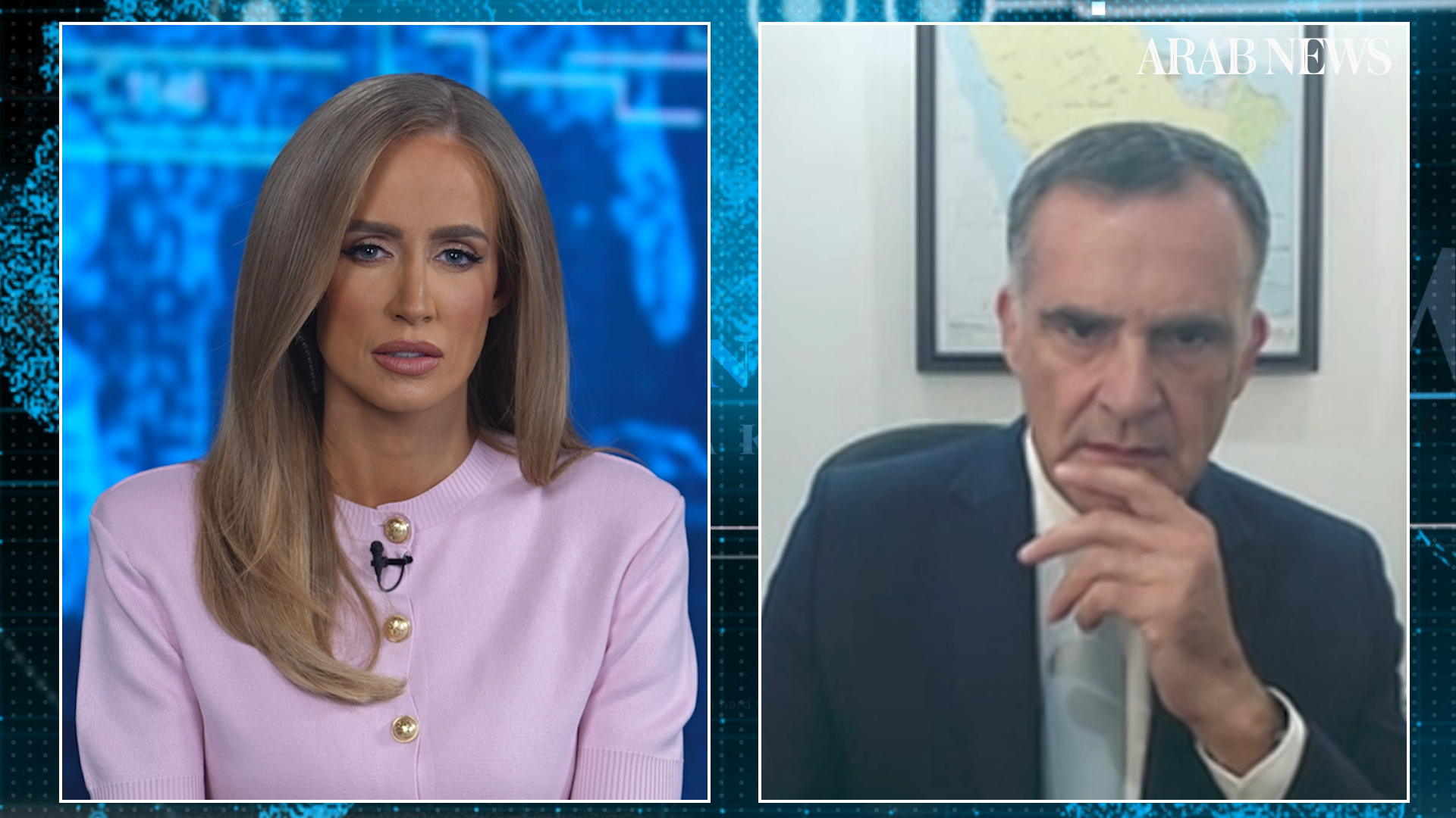 Farnaud told host Jensen, left, that Europe’s condemnation of Houthi attacks on Saudi Arabia reflects a consistent position. (AN photo)