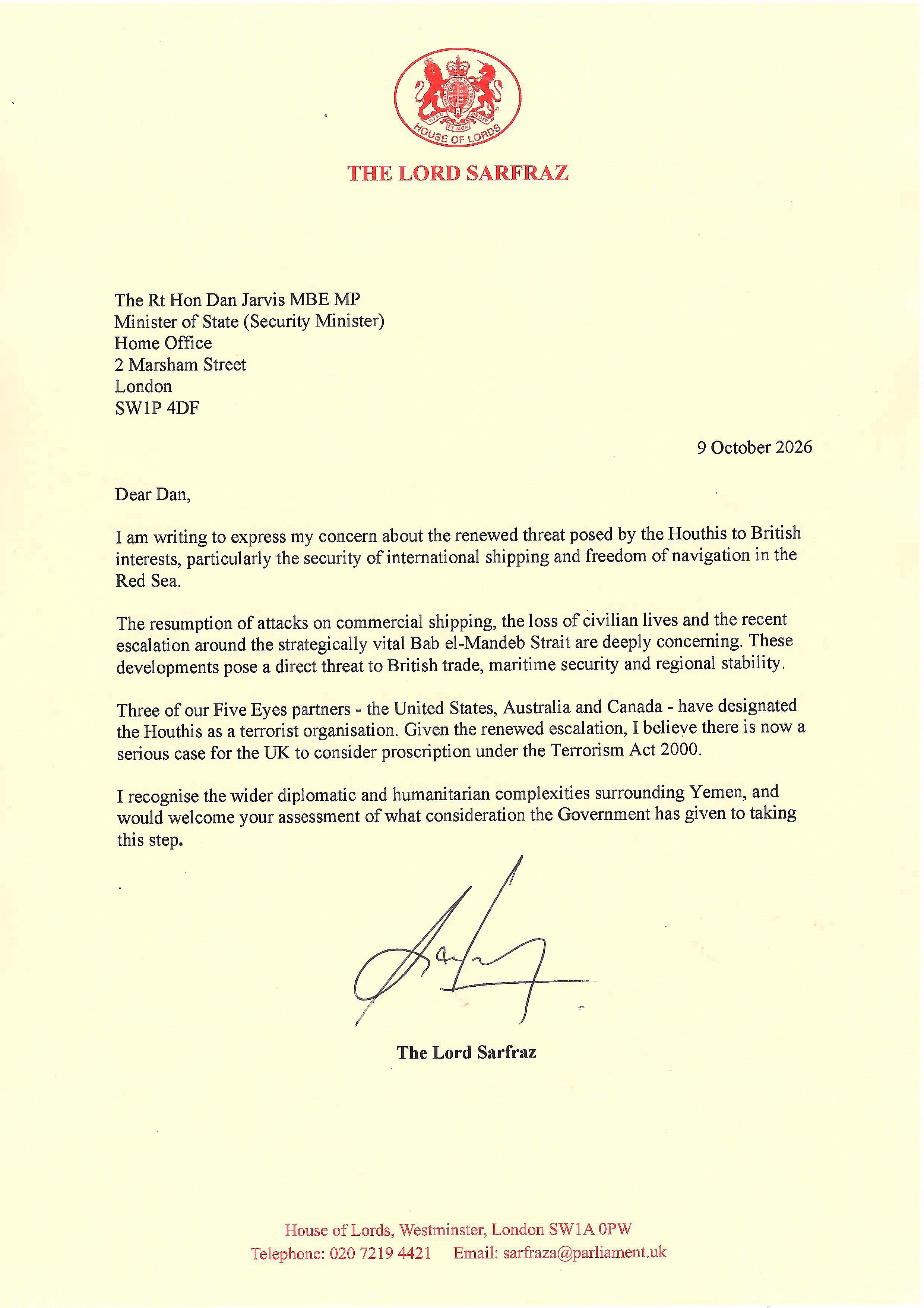 The formal letter of Lord Sarfraz to the UK Security Minister. (Supplied/Lord Sarfraz)