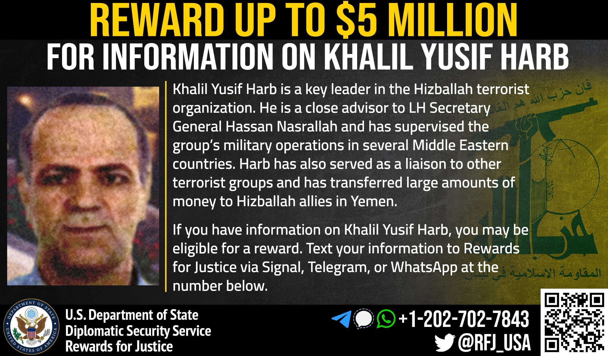 A US State Department wanted poster for Khalil Yusif Harb, known as Abu Mustafa, a senior Hezbollah leader. In 2011, some of the group’s handlers organized seminars for Yemeni activists, ostensibly about the Arab Spring but in reality to vet recruits. (DOS file)