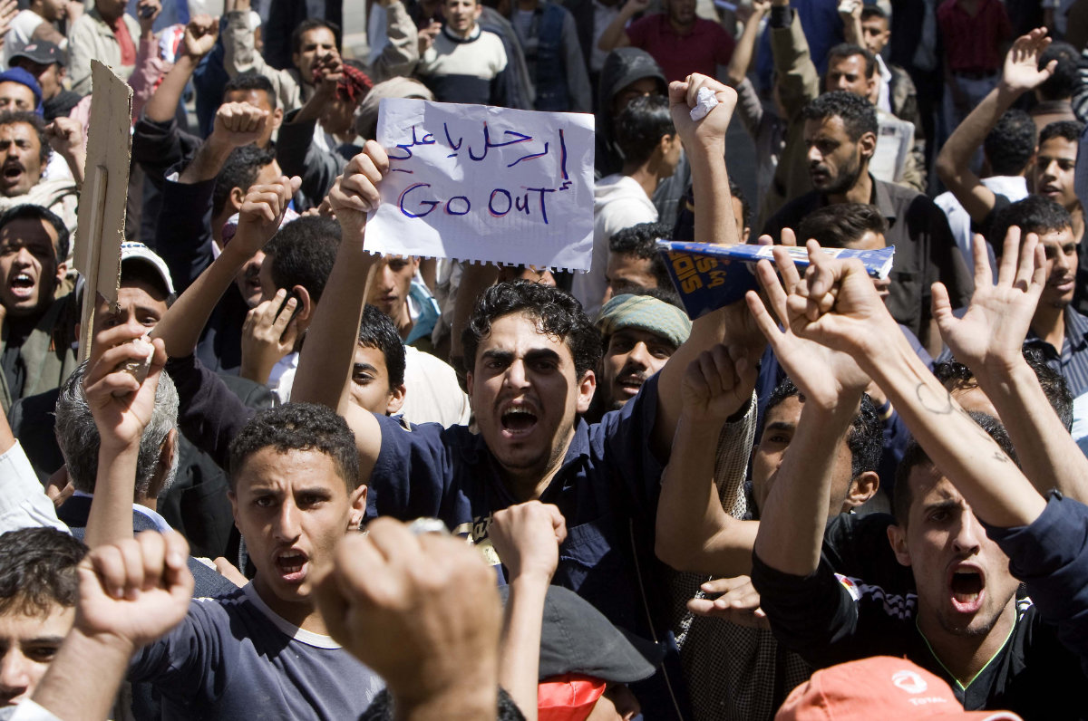 Yemeni protesters demand President Ali Abdullah Saleh step down during a demonstration in Sanaa on Feb. 17, 2011. Shiban said the Houthis entered the capital three years later, ignoring the protesters’ demands. (AFP file)