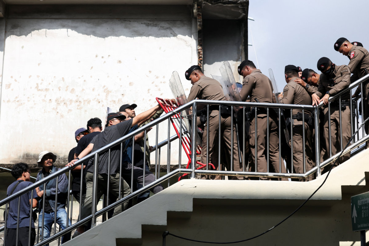 Thai police block protesters on a stairway during a demonstration against the World Bank near Queen Sirikit National Convention Center, the venue of IMF/World Bank 2026 Annual Meetings, in Bangkok on October 15, 2026. (REUTERS)