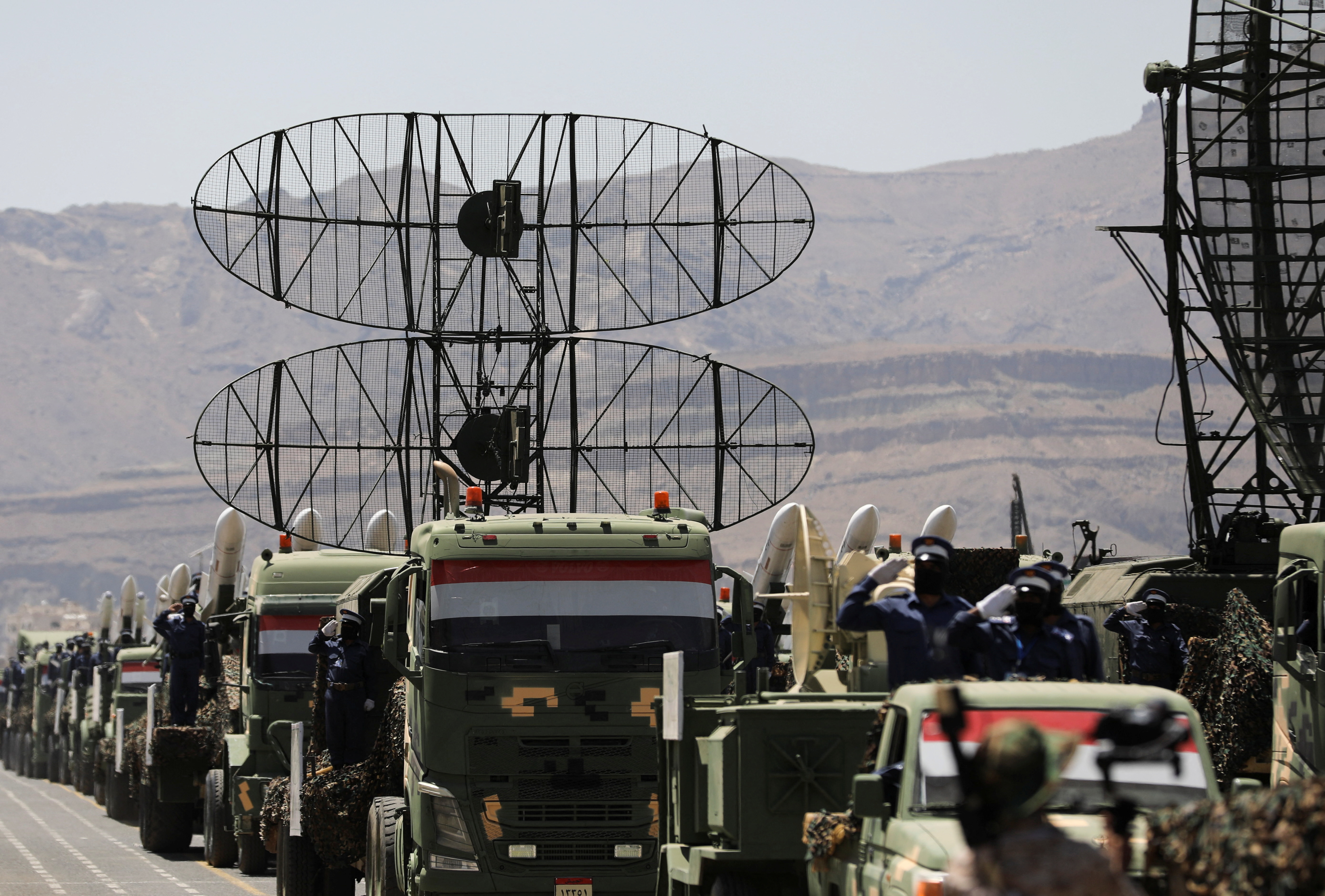 Radars are displayed during a military parade held by the Houthis to mark the anniversary of their takeover in Sanaa, Yemen. (Reuters)
