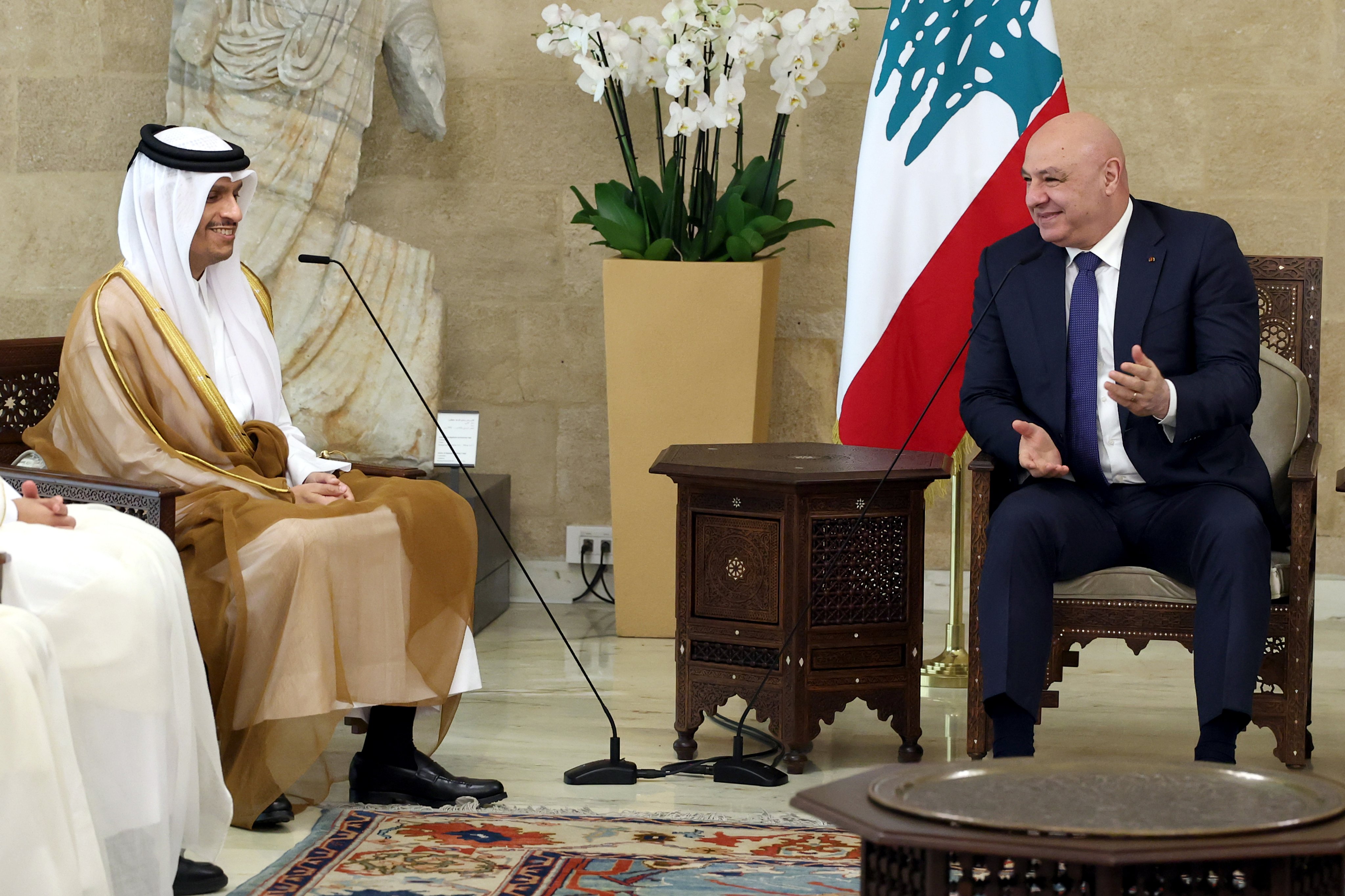 Qatar’s Prime Minister and Foreign Minister Sheikh Mohammed bin Abdulrahman Al-Thani with Lebanon’s President Joseph Aoun at the presidential palace in Baabda. (X: @LBpresidency)
