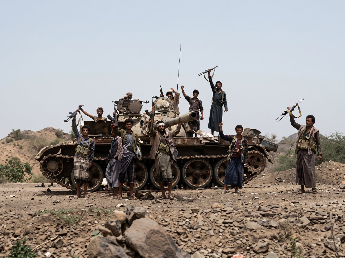 A video grab shows Houthi rebels riding over a military tank they seized from an army post during battles in the northwestern Saada province, north of the Yemeni capital Sanaa. (AFP File)