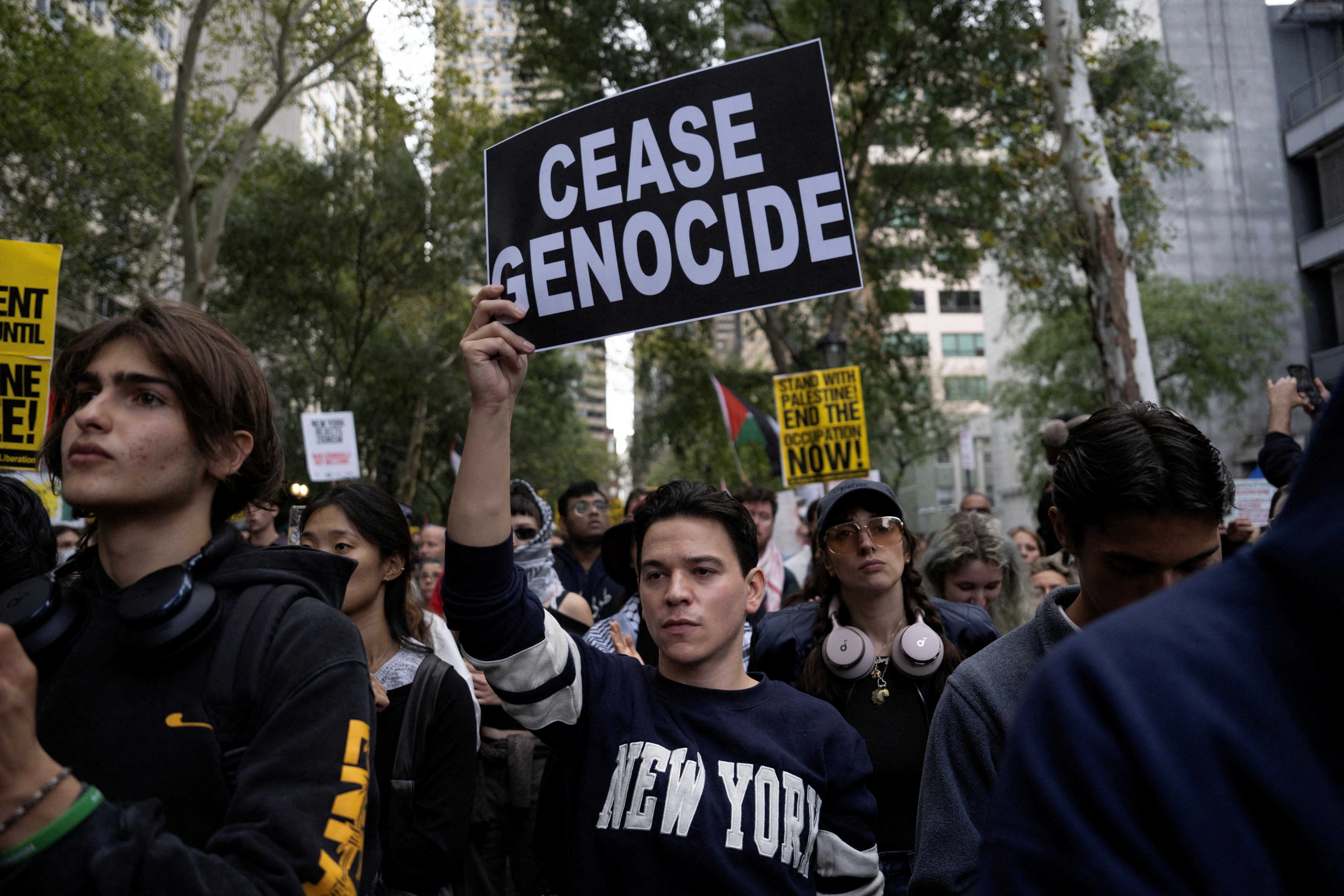 Demonstrators protest following Israeli Prime Minister Benjamin Netanyahu’s address to UN General Assembly in New York City on Sept. 24, 2026. (Reuters)