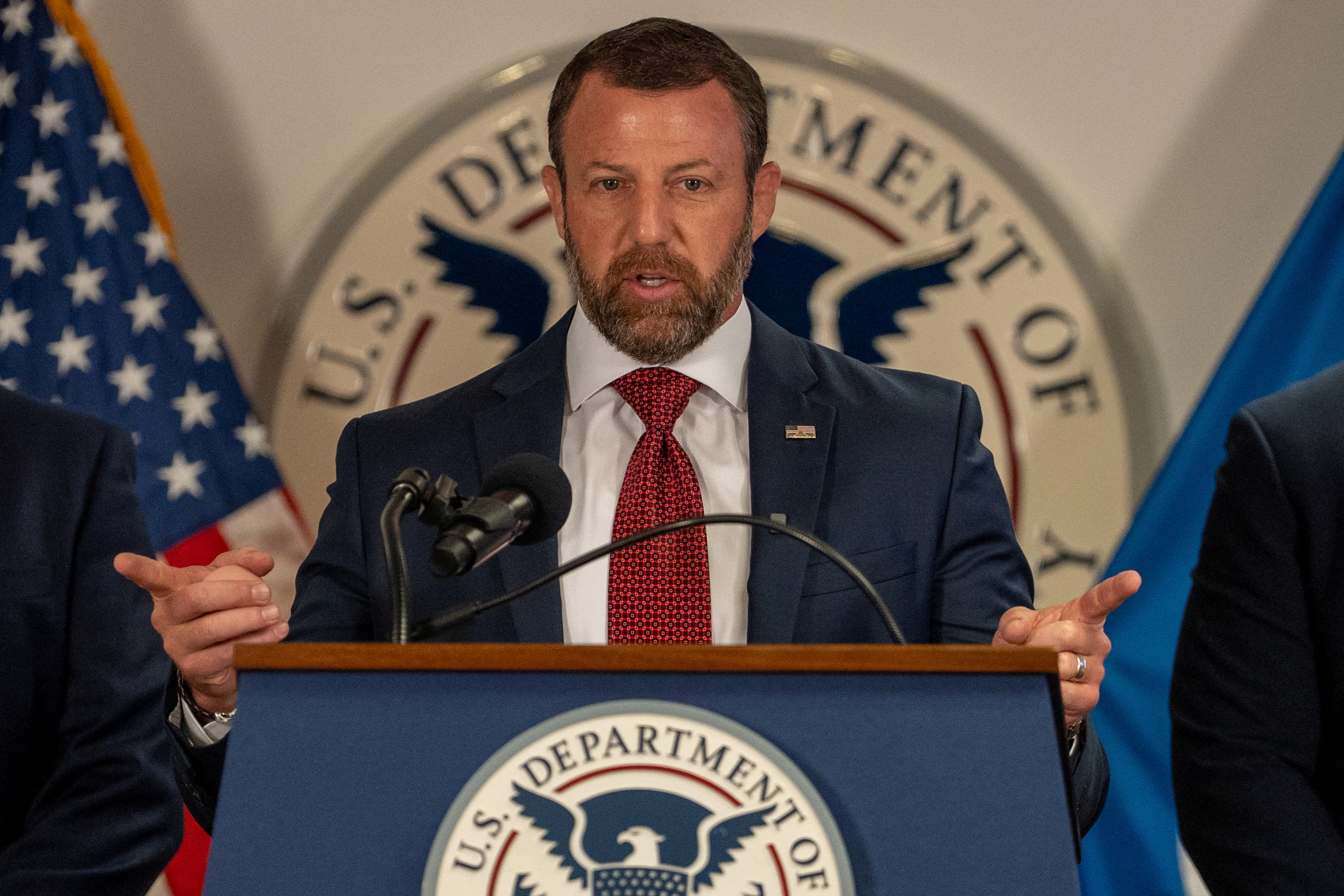 Homeland Security Secretary Markwayne Mullin during a press briefing. He repeatedly suggested that Omar entered the country illegally and signaled that they are exploring ways to prosecute or deport her. (Reuters file)