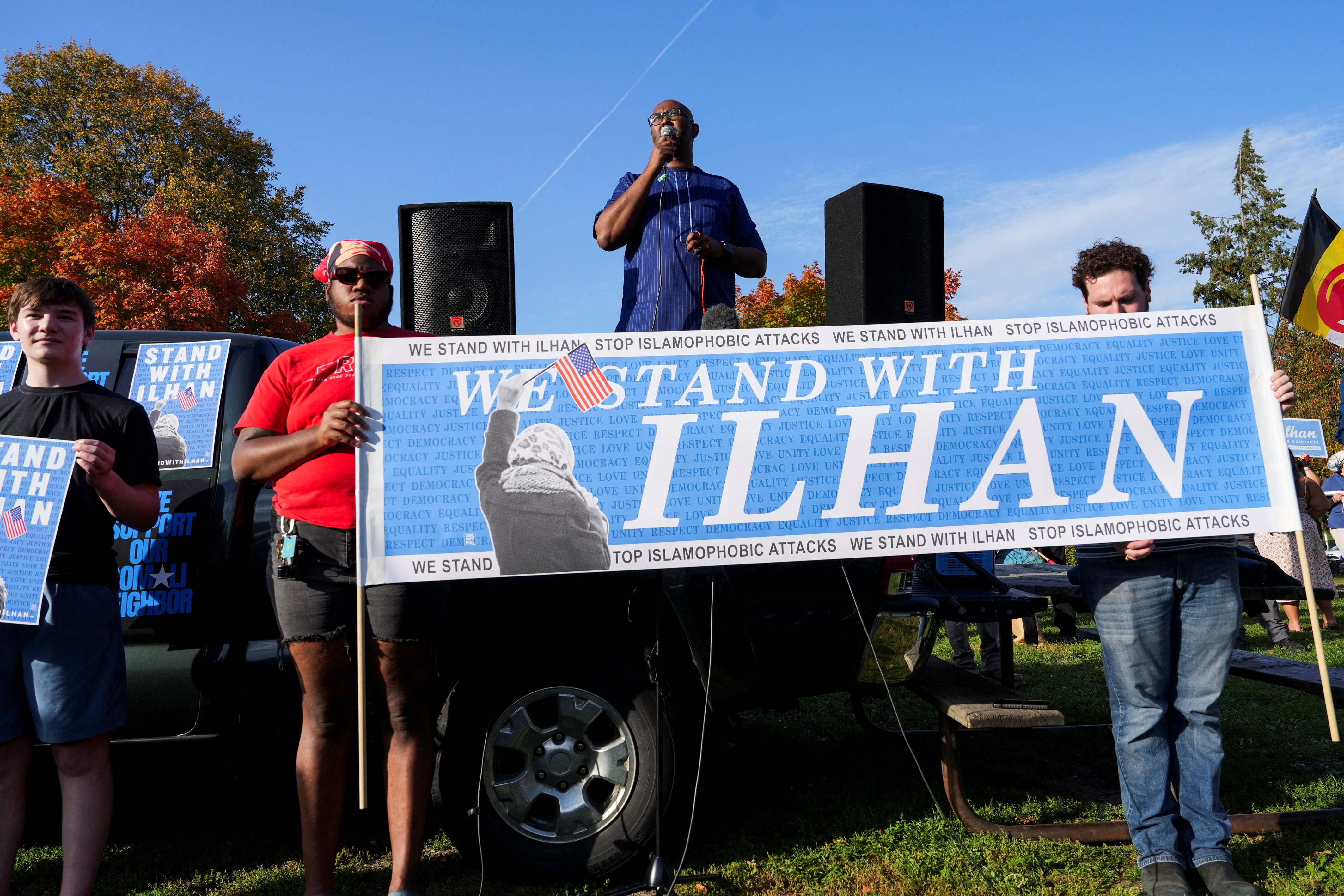 Omar’s supporters gathered for a rally in Minneapolis, Minnesota. Her allies see Trump’s accusations as part of a broader campaign against Muslim and refugee lawmakers and a wider effort to discredit Democratic congressional candidates. (Reuters file)