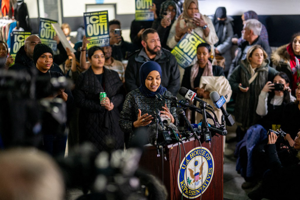 Rep. Ilhan Omar (D-MN) speaks during a press conference at the Karmel Mall on January 28, 2026 in Minneapolis, Minnesota. (Getty Images via AFP)