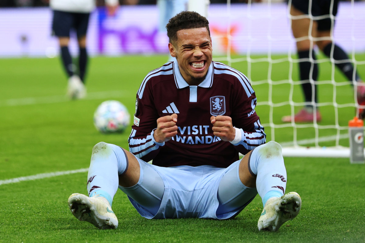 Aston Villa's Alysson celebrates after scoring this side third goal during the Champions League soccer match between Aston Villa and Viking FK in Birmingham, England, Wednesday, Oct. 21, 2026. (AP)