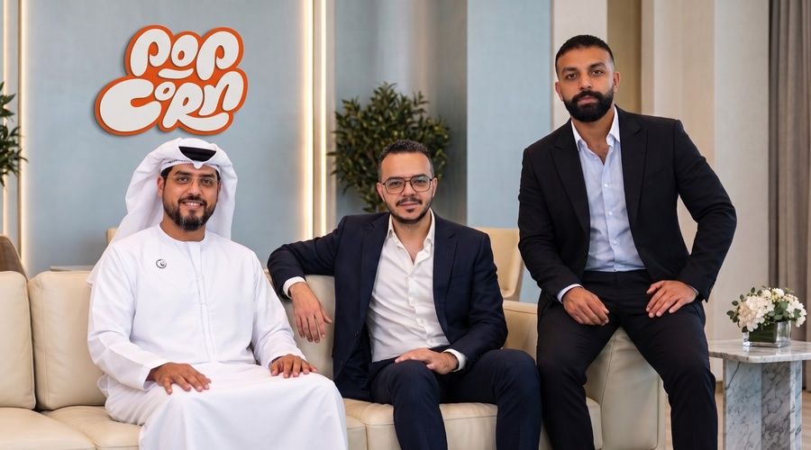 Popcorn Studio AI founders Shady Essam and Mohamed Hedar with investor Mohammed Bin Bouta Alharsoosi