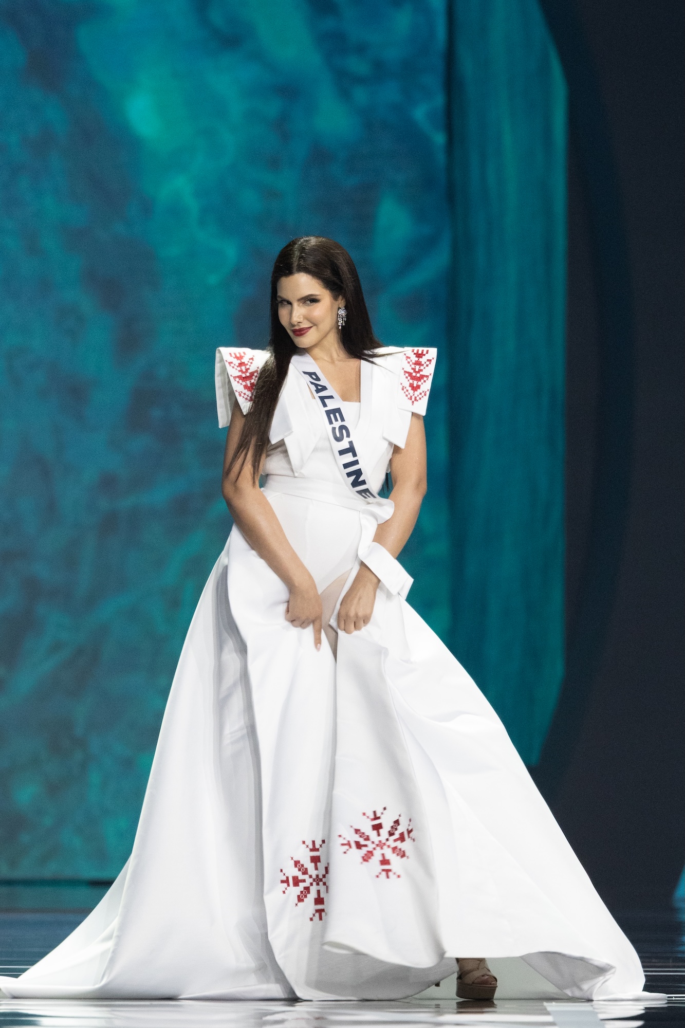 Nadeen Ayoub representing Palestine at Miss Universe 2025. (Getty Images)