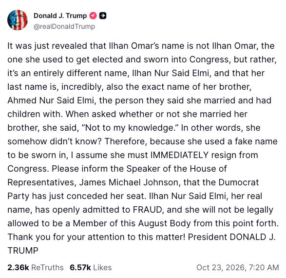 Above, a screenshot of US President Donald Trump’s TruthSocial post on Minnesota Congresswoman Ilhan Omar.