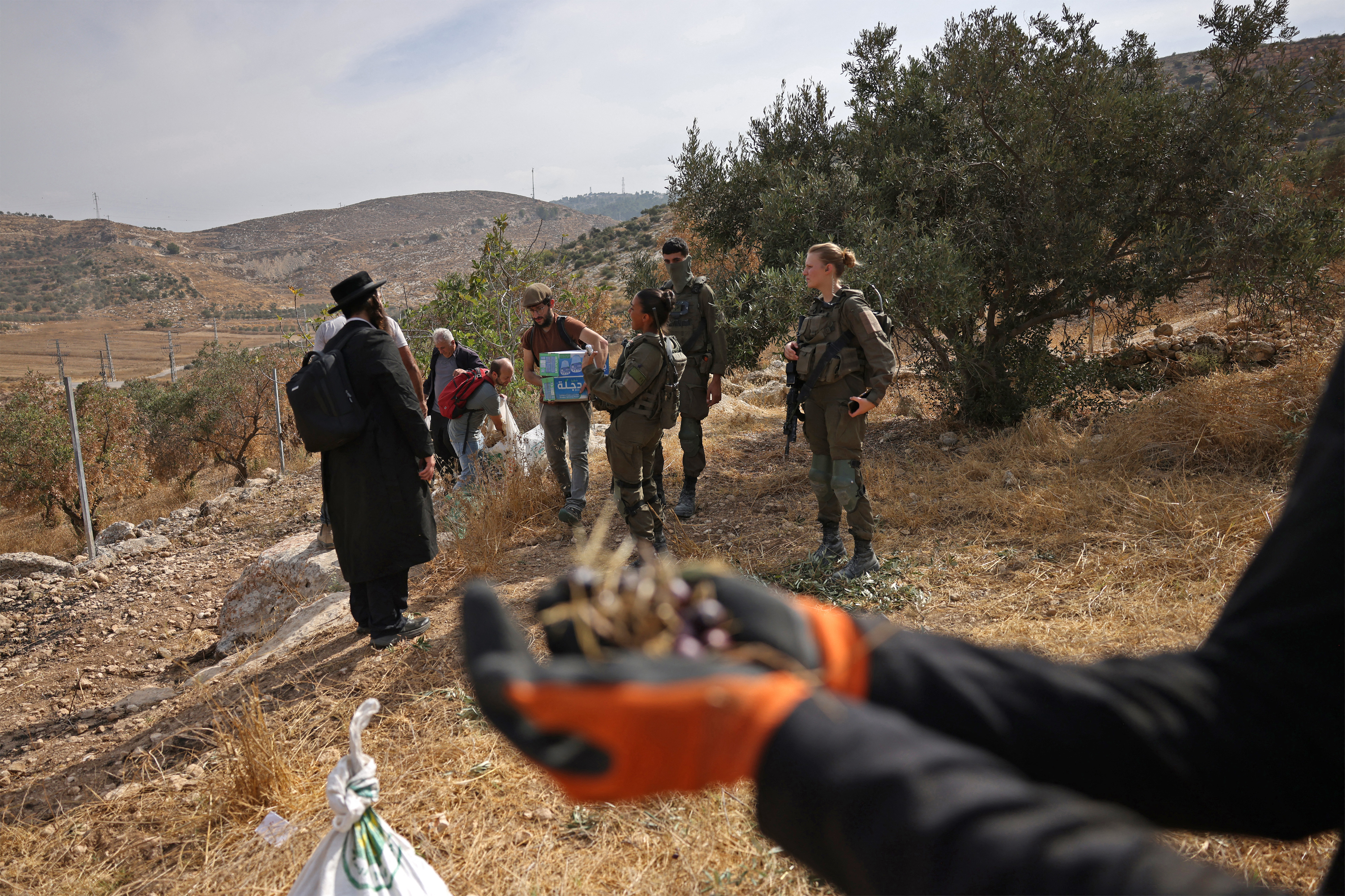 Israeli security forces and armed settlers remove Palestinians and Israeli activists from an olive grove in Idna, near Hebron. Jeremy Ben-Ami accused Israeli forces of working “in tandem with the settlers,” describing the situation as “a horrific scene.” (AFP file)