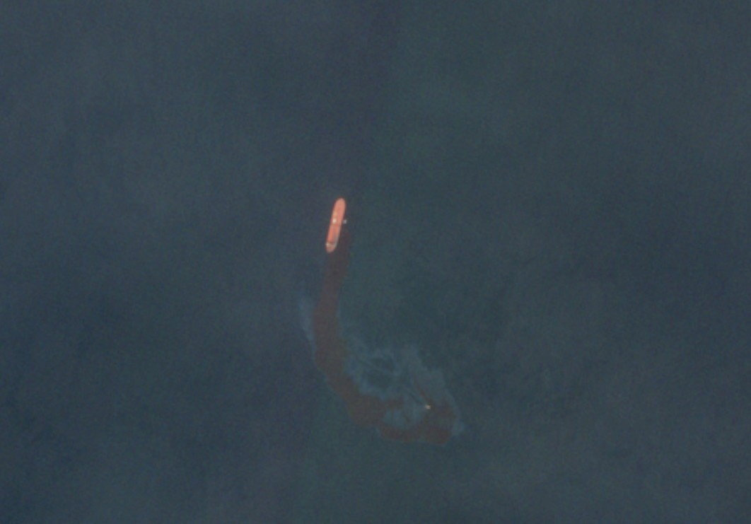 A satellite image shows an oil spill off the coast of Umm Al Quwain, UAE, Oct. 19
