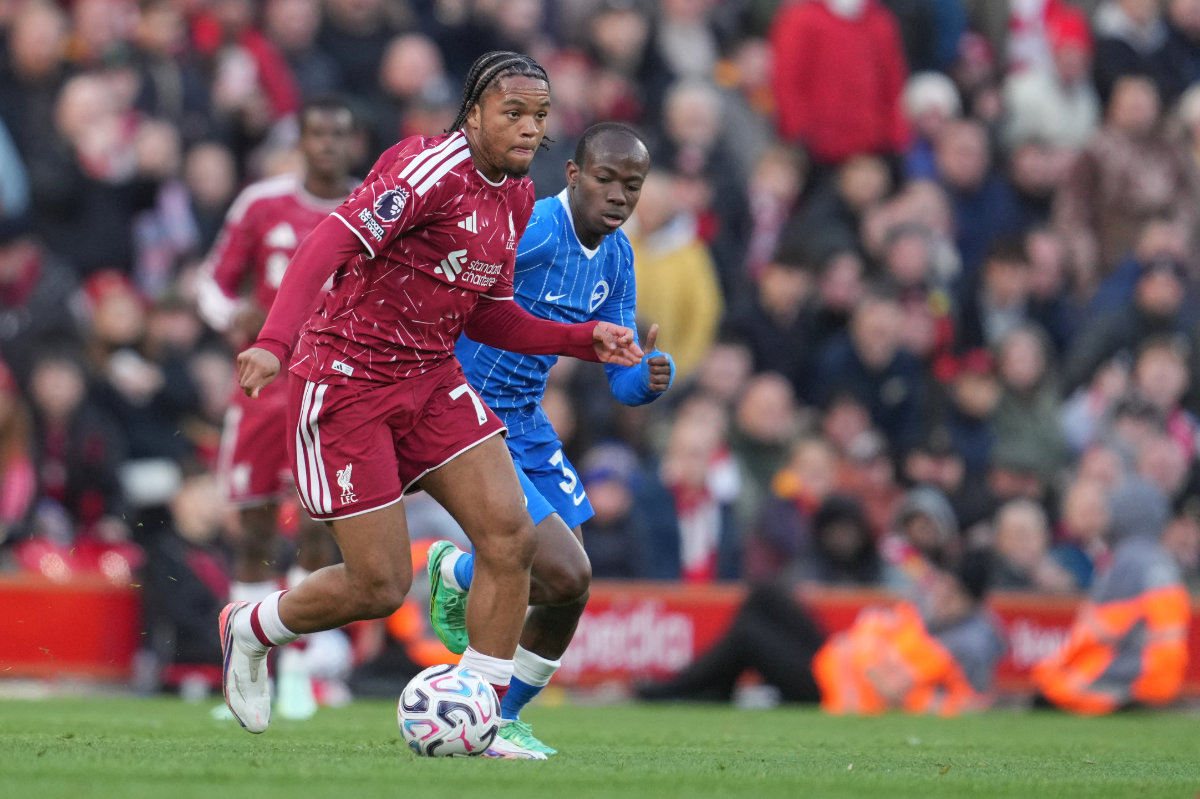 Liverpool's Rio Ngumoha, left, and Brighton's Malick Yalcouye in action during the English Premier League soccer match between Liverpool and Brighton and Hove Albion in Liverpool, England, Sunday, Oct. 25, 2026. (AP)