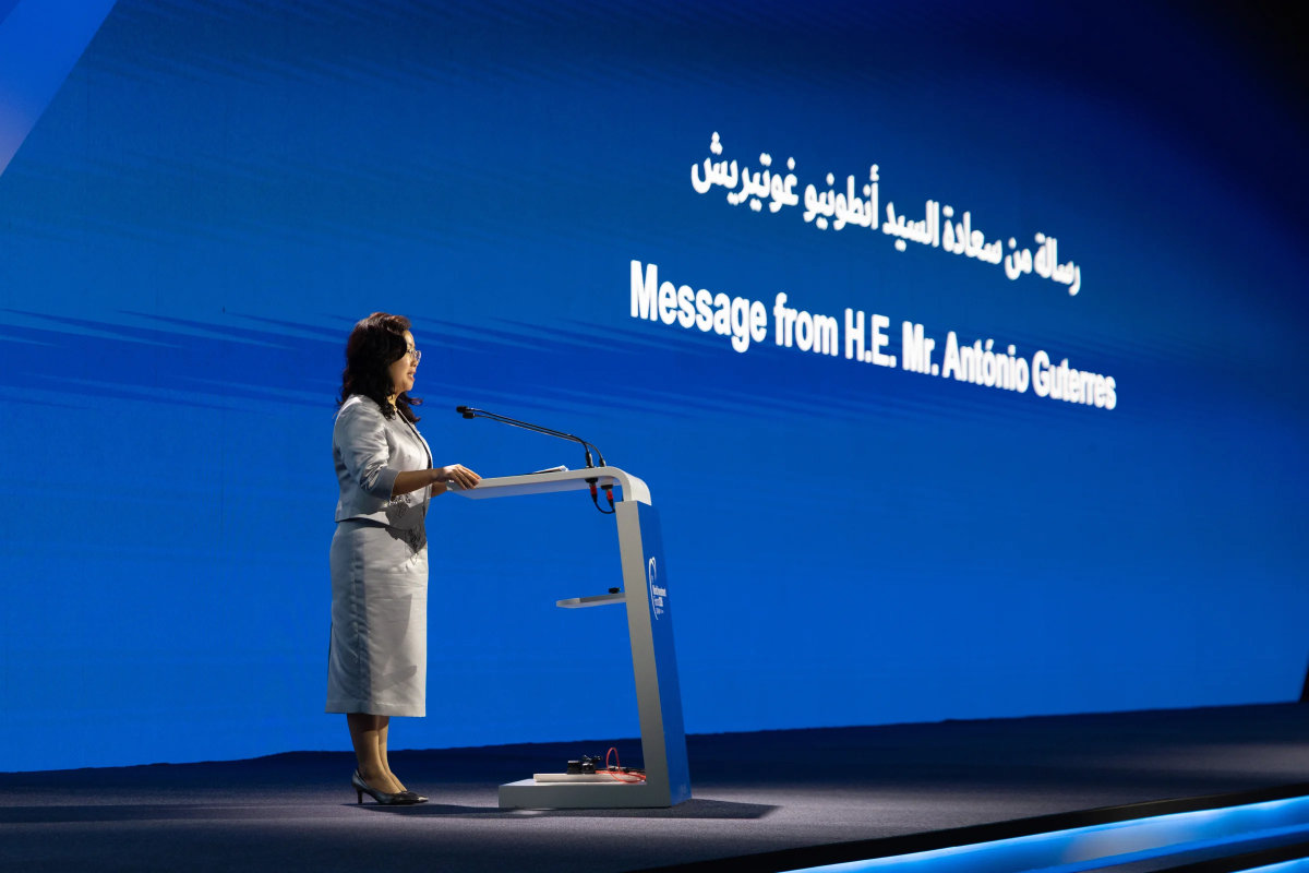 A message from UN Secretary-General António Guterres is delivered during the opening day of the 9th World Investment Forum in Doha. (Photo: worldinvestmentforum.unctad.org)