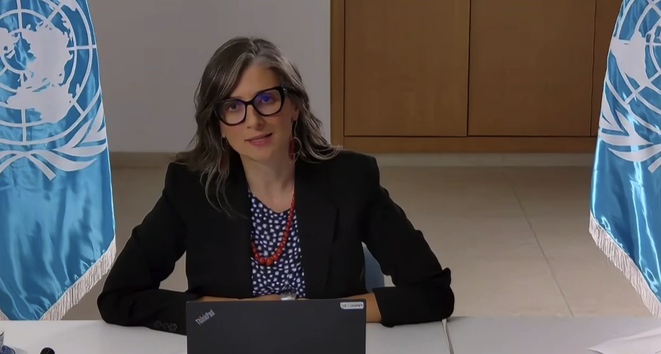 Francesca Albanese, the UN’s special rapporteur on the occupied Palestinian territories, speaks during a virtual media briefing on Tuesday. (Screengrab)