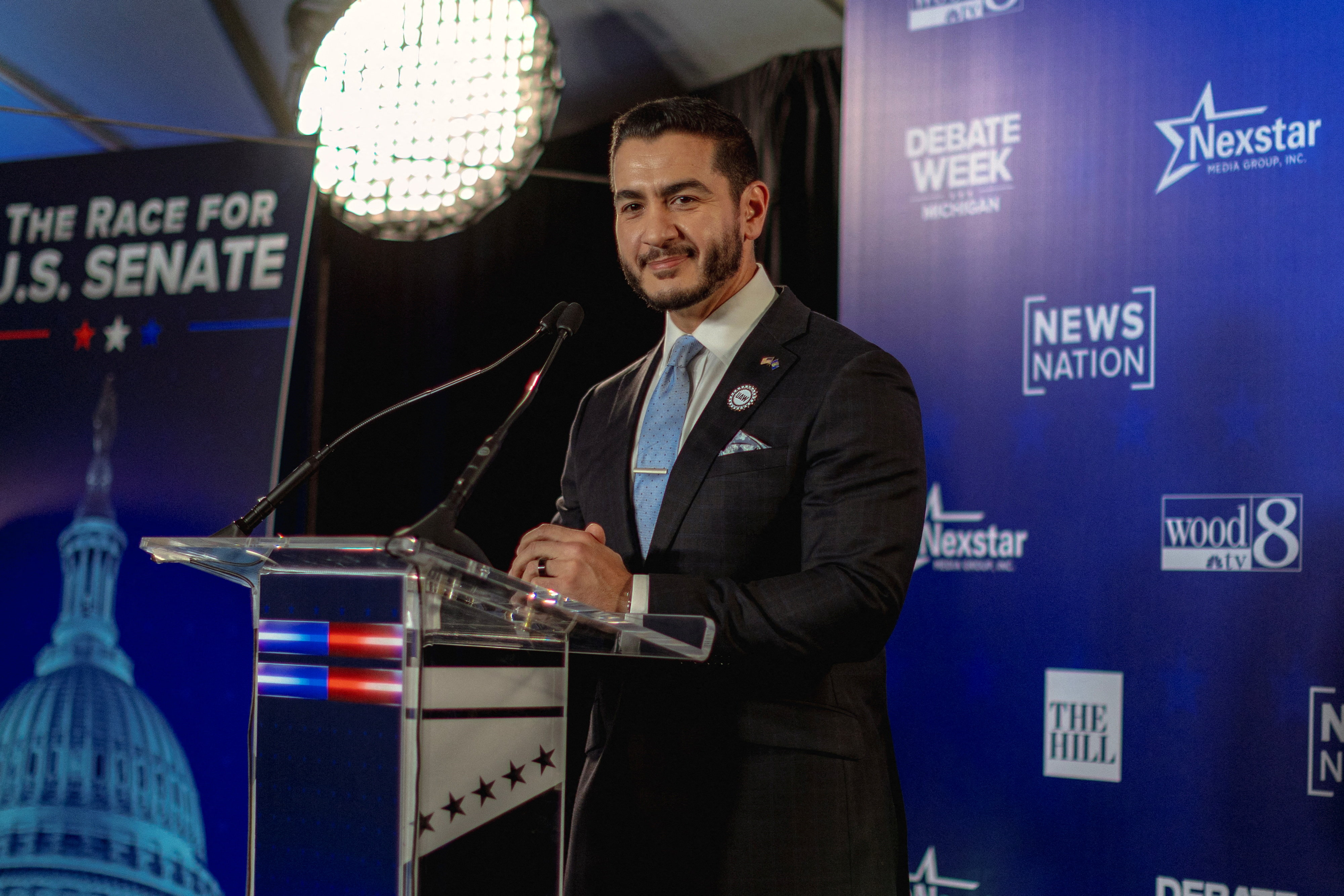 Democratic US Senate candidate Abdul El-Sayed speaks after taking part in a debate with Republican rival candidate Mike Rogers on Oct. 8, 2026. (Reuters)